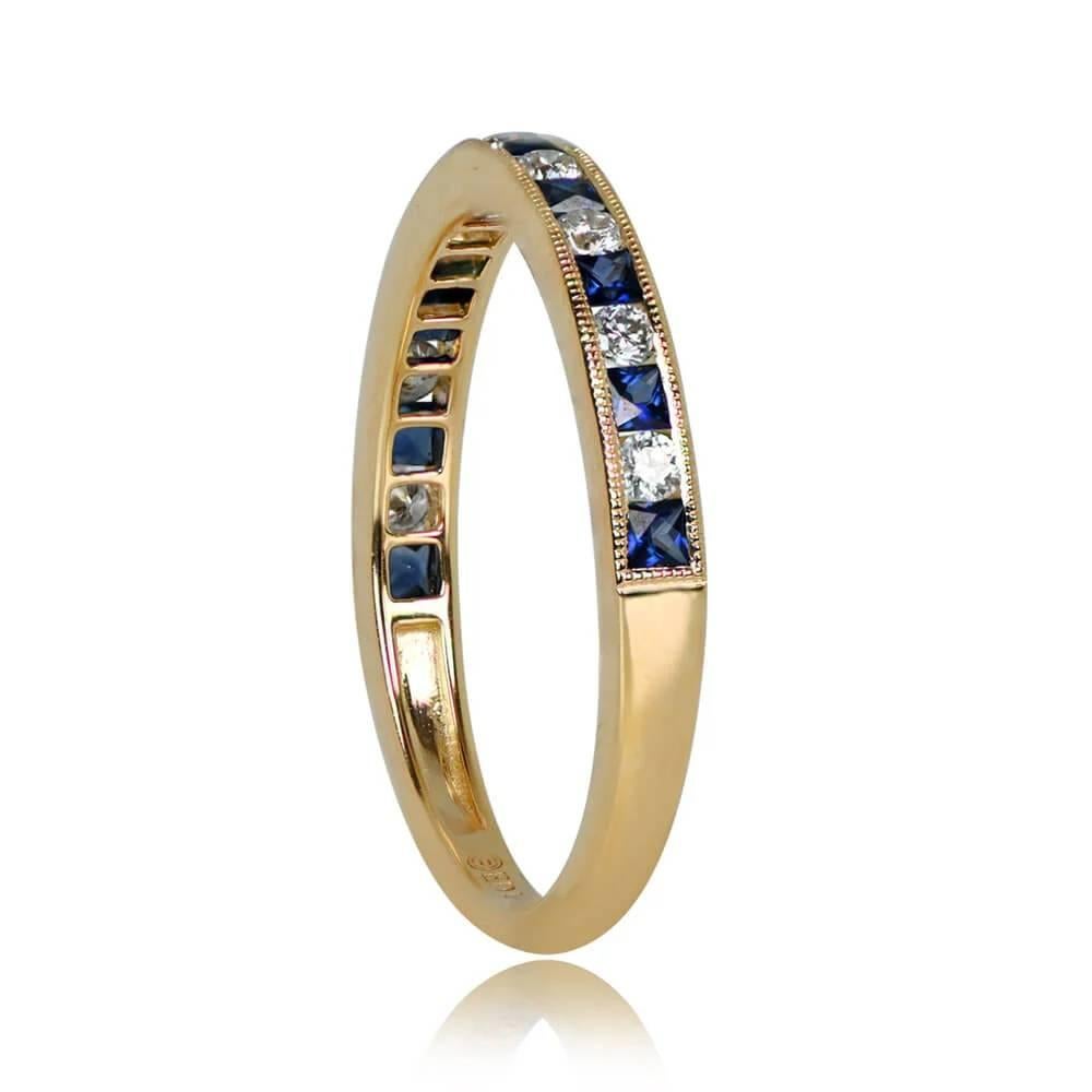 Art Deco French Cut Sapphire & Round Brilliant Cut Diamond Band Ring, 18k Yellow Gold For Sale