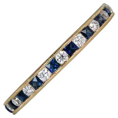 French Cut Sapphire & Round Brilliant Cut Diamond Band Ring, 18k Yellow Gold For Sale