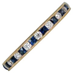French Cut Sapphire & Round Brilliant Cut Diamond Band Ring, 18k Yellow Gold