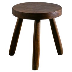 French Dark Brown Tripod Milking Wabi Sabi Stool in Elm, 1960s