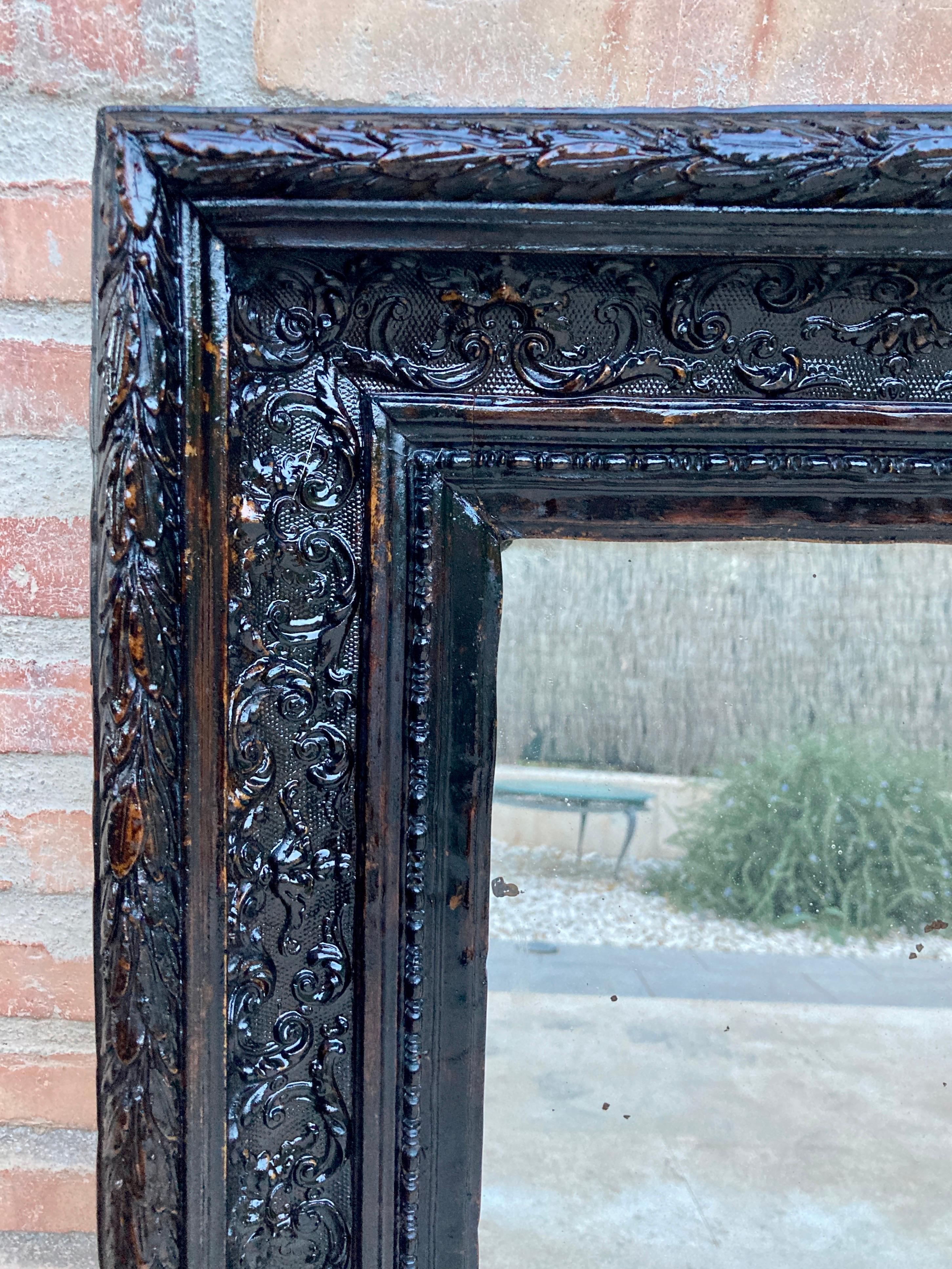 French Dark Framed Carved Wood Wall Mirror, 1920 For Sale 4