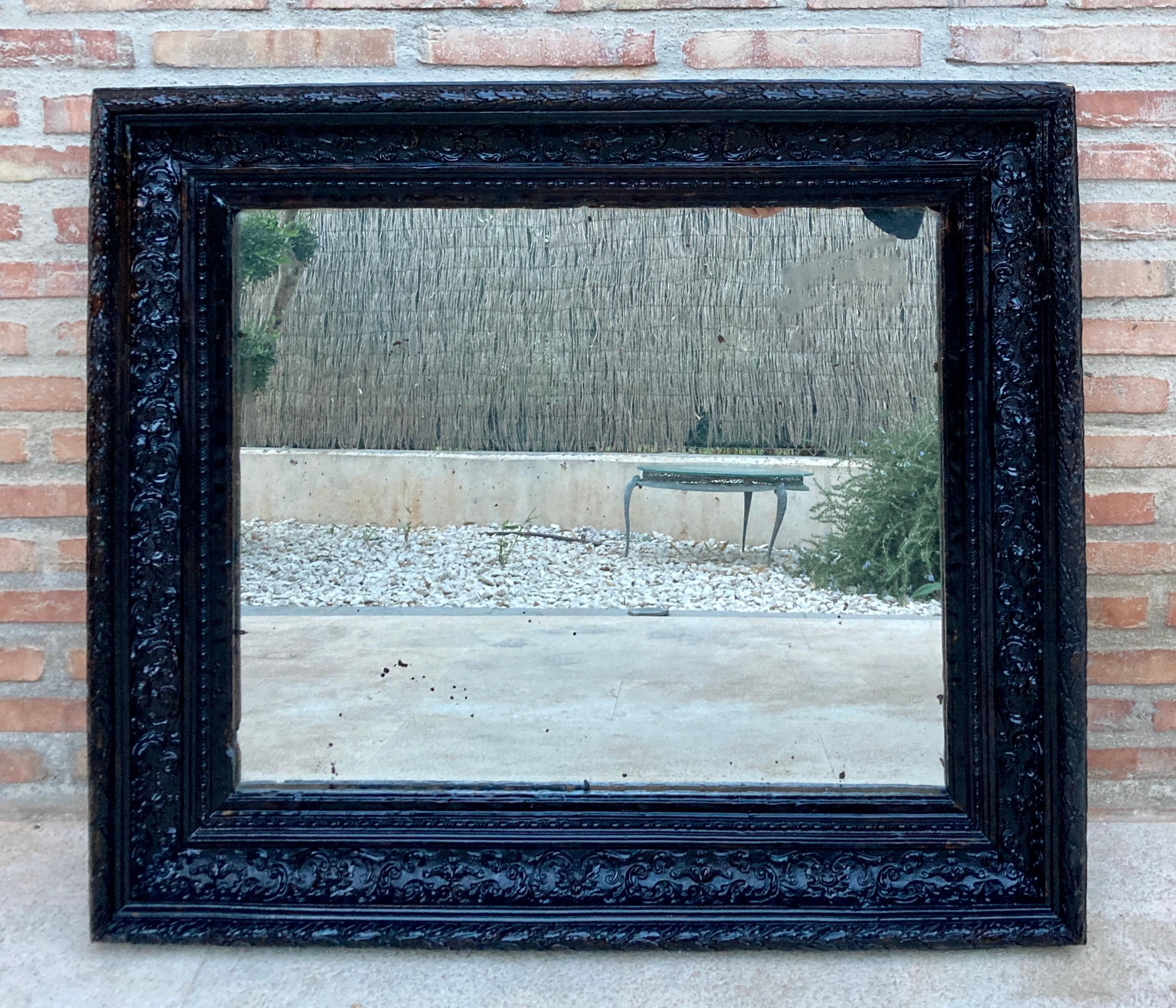 20th Century French Dark Framed Carved Wood Wall Mirror, 1920 For Sale