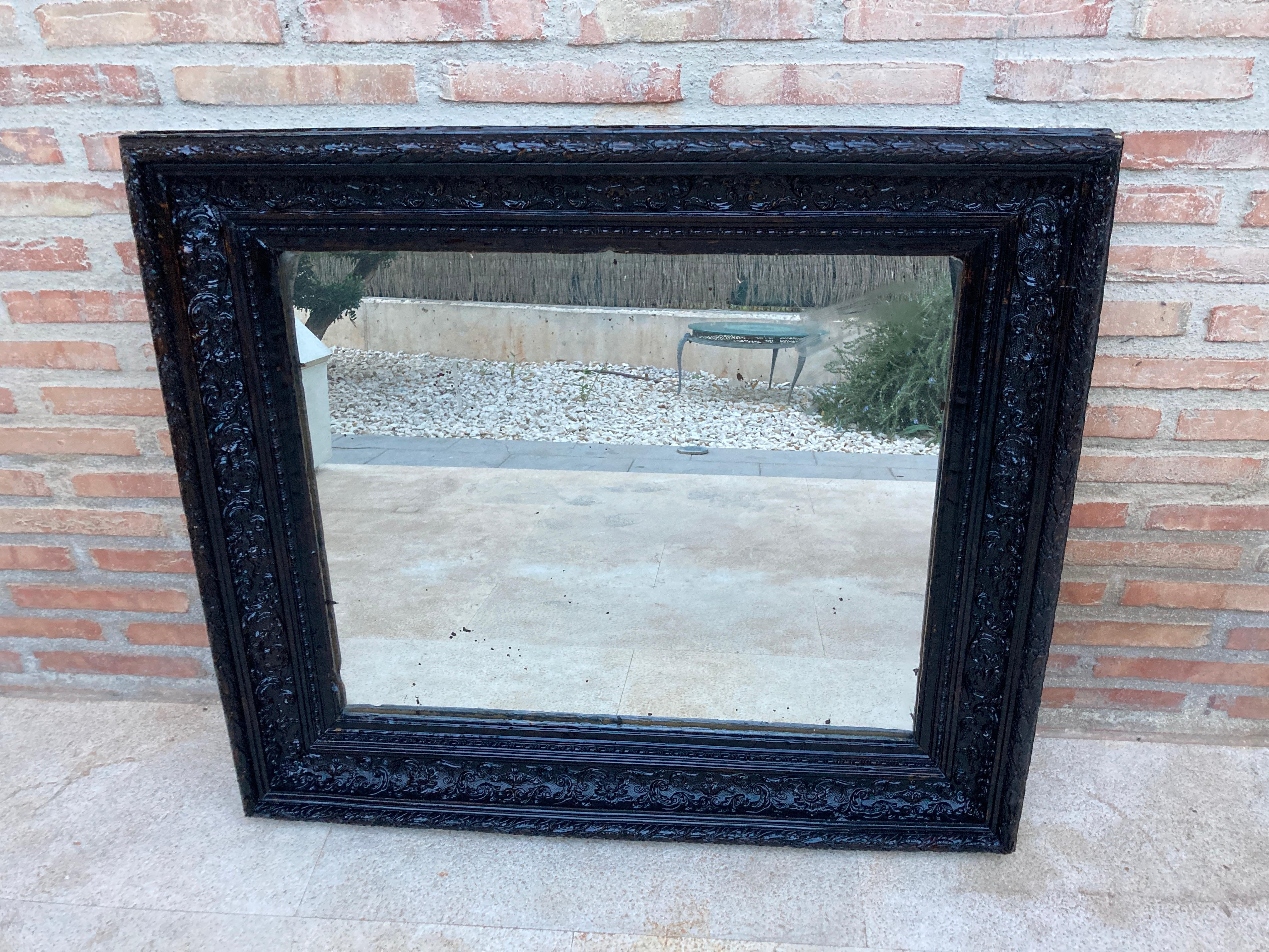 Walnut French Dark Framed Carved Wood Wall Mirror, 1920 For Sale