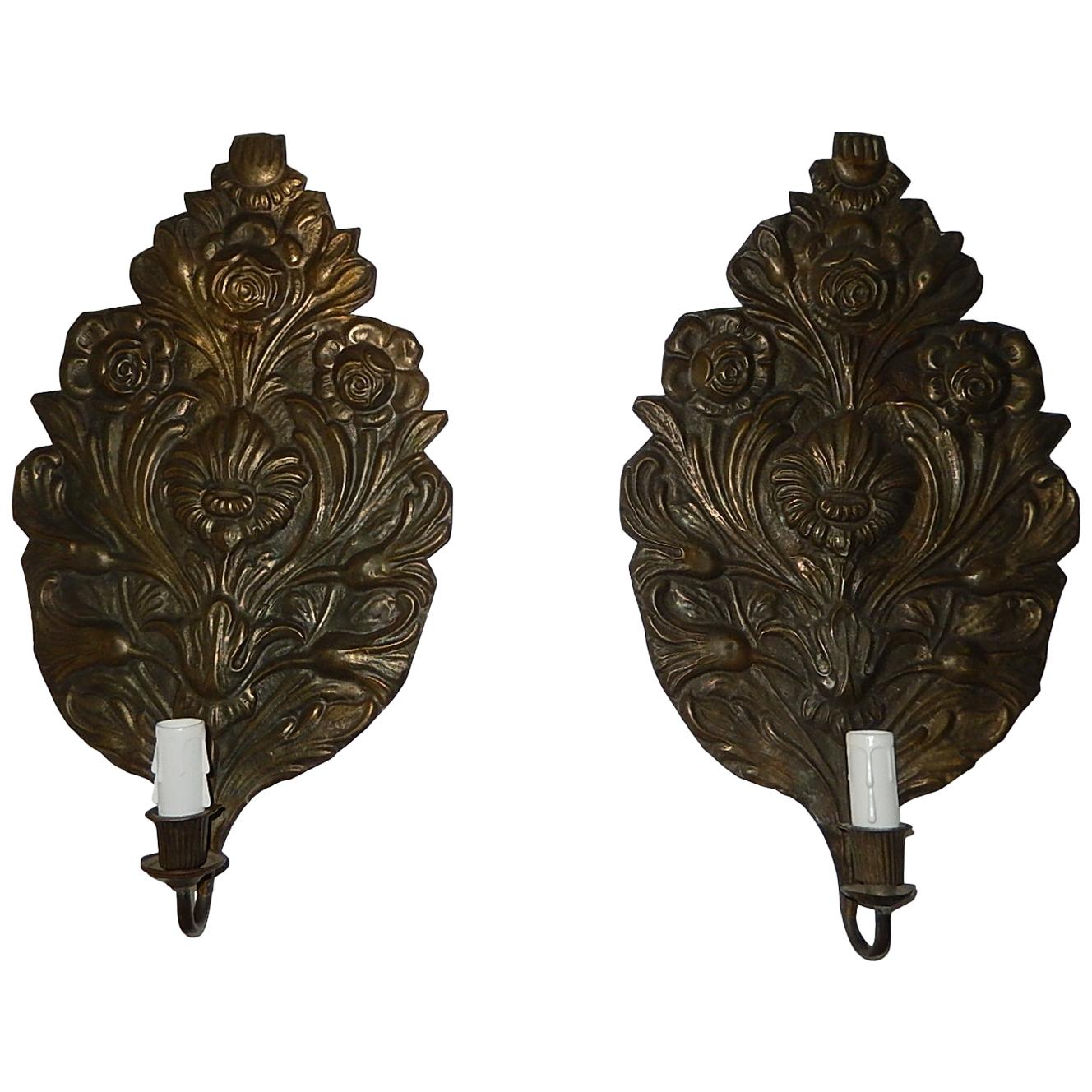 French Dark Tinned Copper "Palm" Floral Embossed Sconces, circa 1900