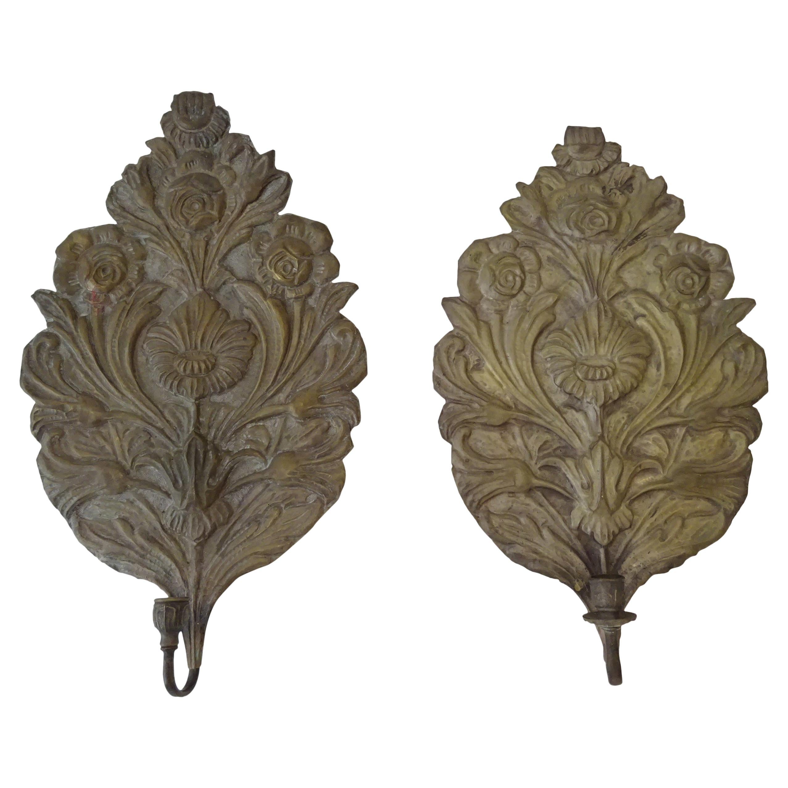 French Dark Tinned Copper "Palm" Floral Embossed Sconces, circa 1900 For Sale