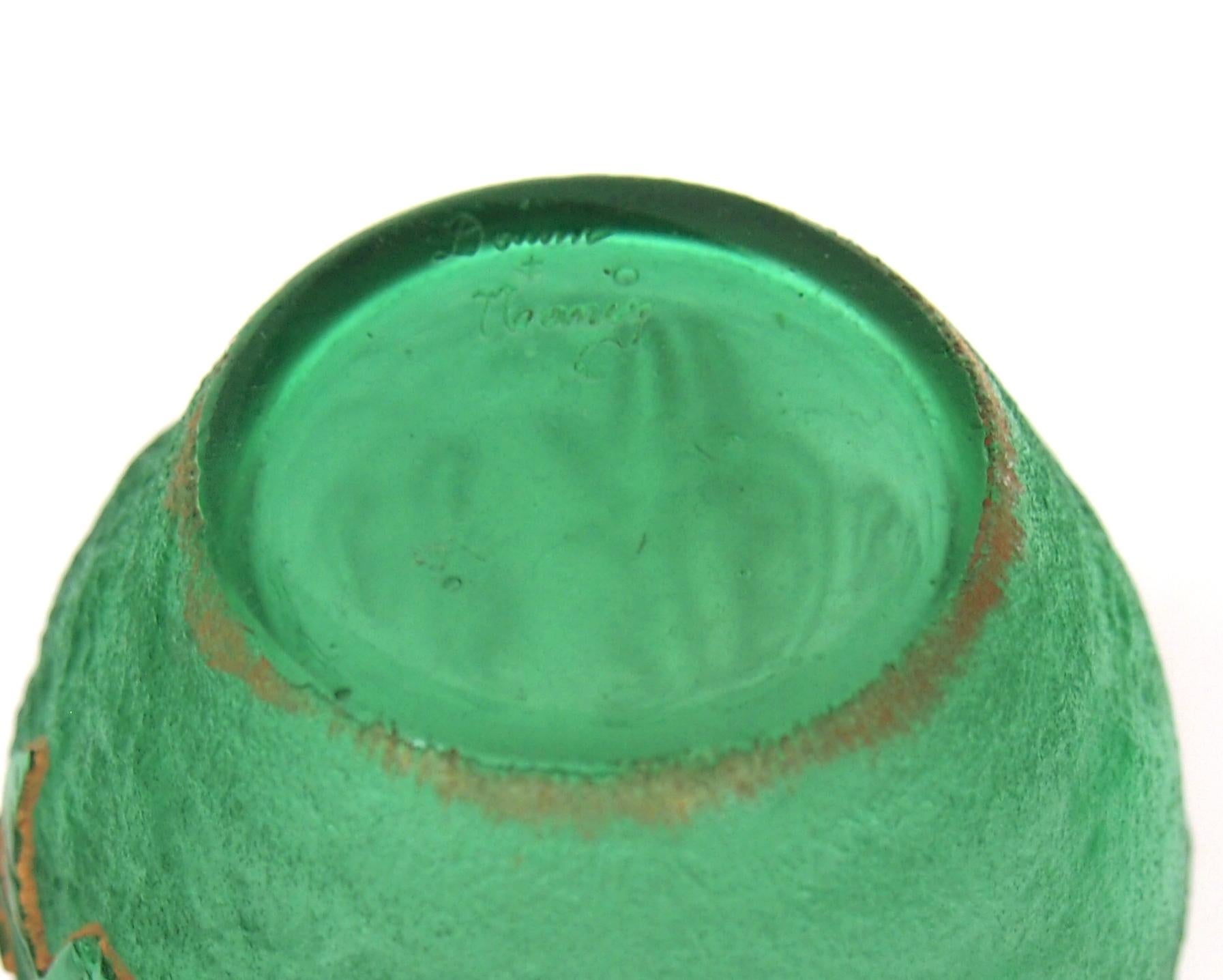 French Daum Art Nouveau Green Glass Acid Cut Back Parlant Vase Signed circa 1898 1