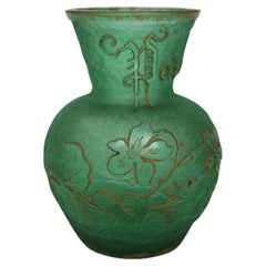 Antique French Daum Art Nouveau Green Glass Acid Cut Back Parlant Vase Signed circa 1898