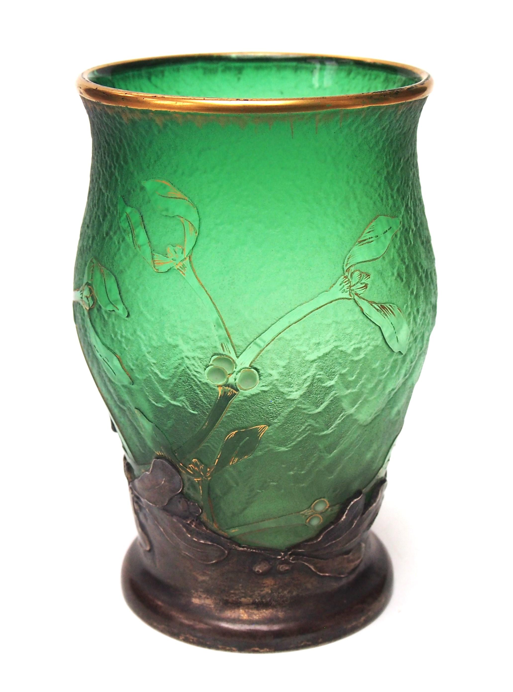 Super Art Nouveau signed, silver mounted Daum acid-cut-back graduated green glass vase.  The Glass vase is decorated with gilded and white enamel Mistletoe -the green is graduated from mid green at the top to almost clear to the base -This style is
