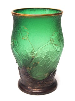 French Daum Art Nouveau Green Glass & Silver Acid Cut Back Vase Signed c1898