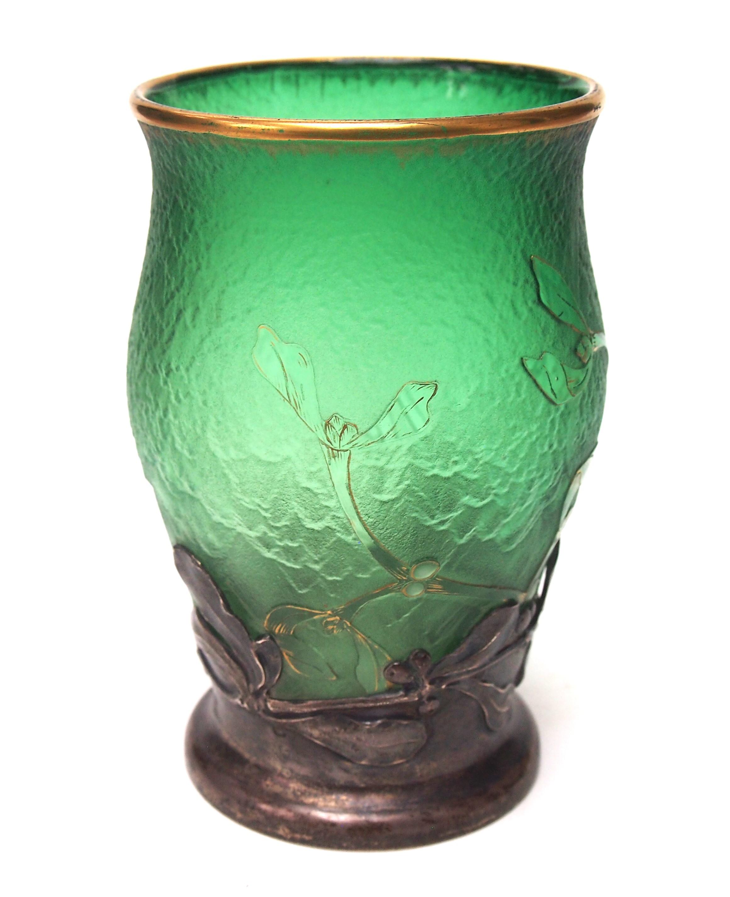 Late 19th Century French Daum Art Nouveau Green Glass & Silver Acid Cut Back Vase Signed c1898 For Sale