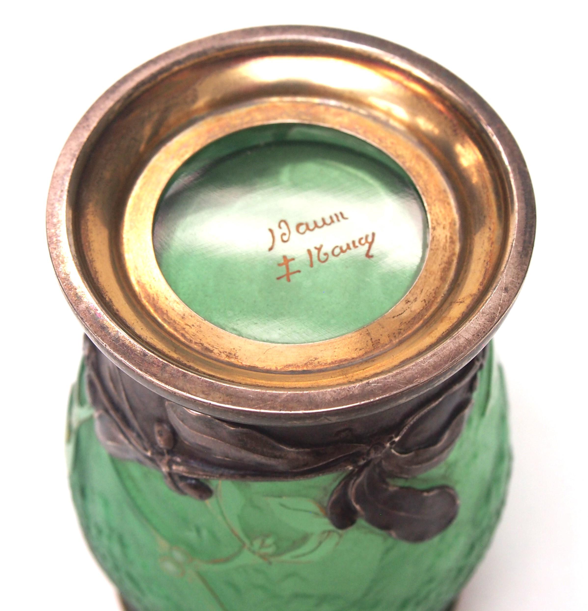 French Daum Art Nouveau Green Glass & Silver Acid Cut Back Vase Signed c1898 For Sale 1