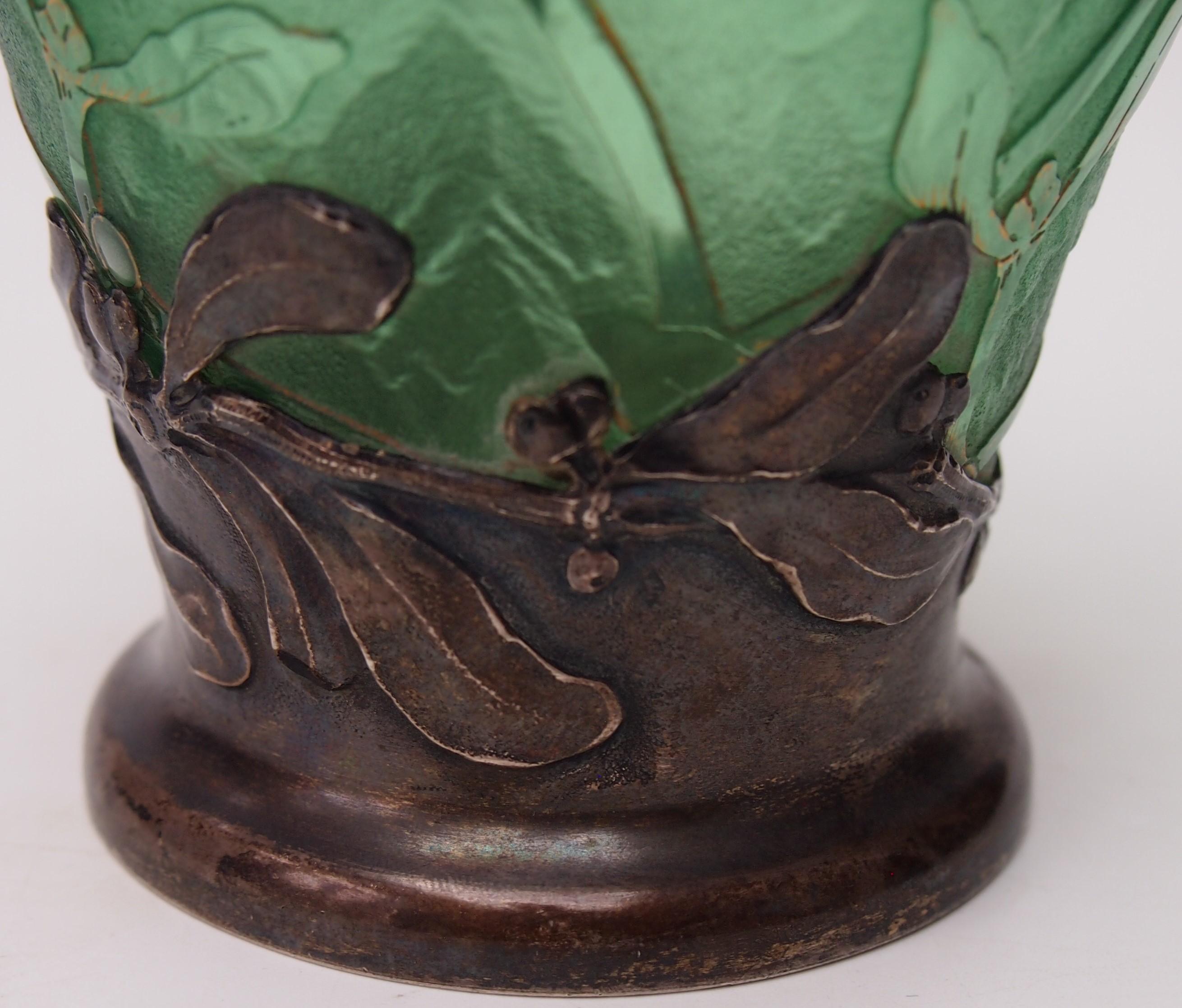 French Daum Art Nouveau Green Glass & Silver Acid Cut Back Vase Signed c1898 For Sale 2
