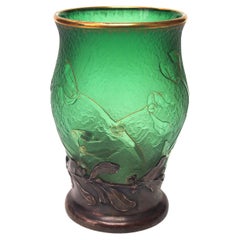 French Daum Art Nouveau Green Glass & Silver Acid Cut Back Vase Signed c1898
