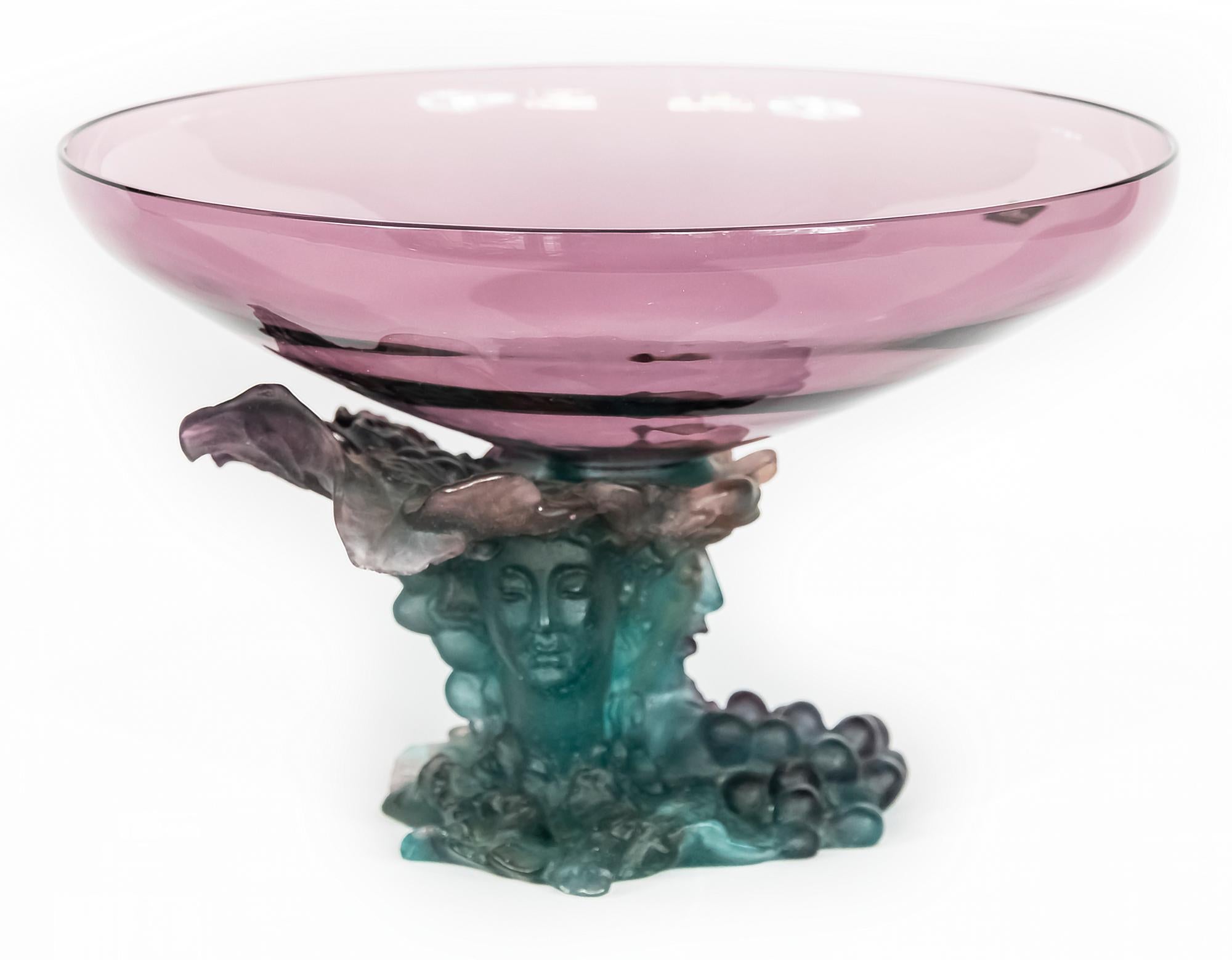 French Daum Bacchus large vase-centerpiece with amethyst glass top and green pâte de verre bottom, decorated with woman and man faces, grapes and leaves. Circa 2000.
Signed 