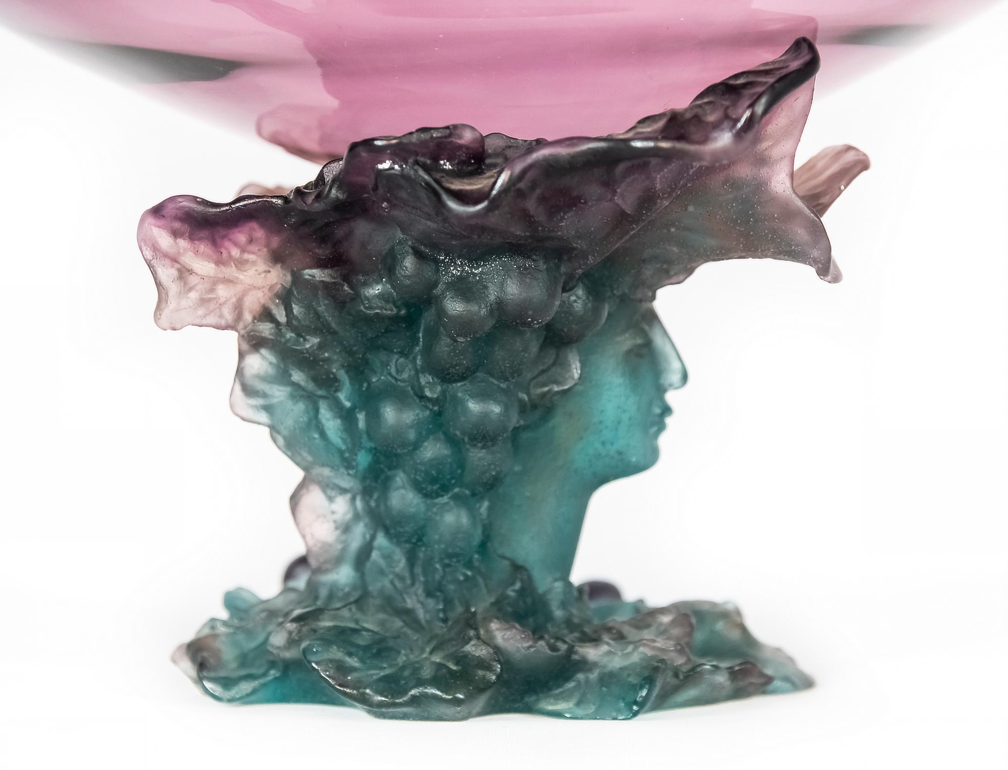 French Daum Bacchus Large Green Amethyst Vase-Centerpiece pâté de verre In Good Condition For Sale In Vilnius, LT