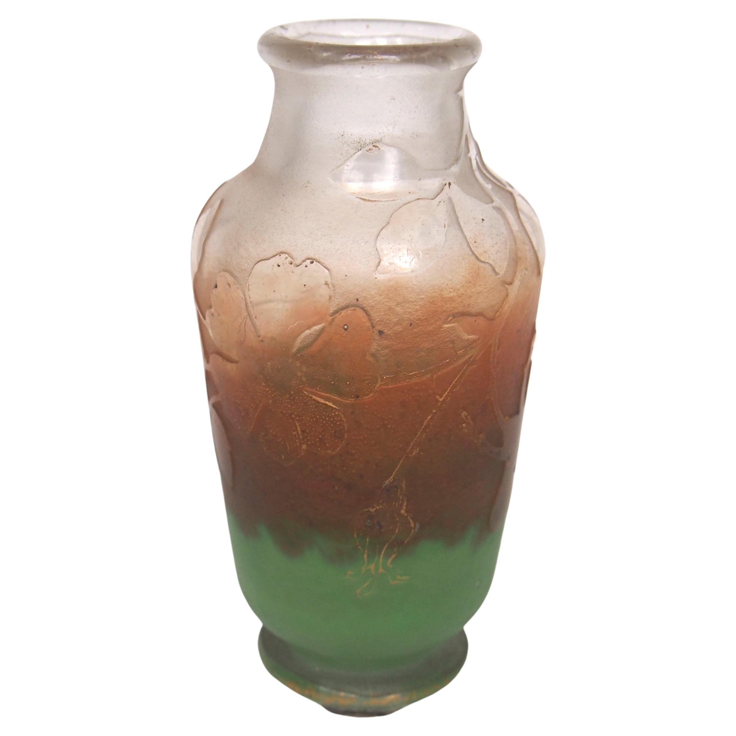 French Daum Signed Art Nouveau Butterfly Acid Cut Glass Back Vase, circa 1900