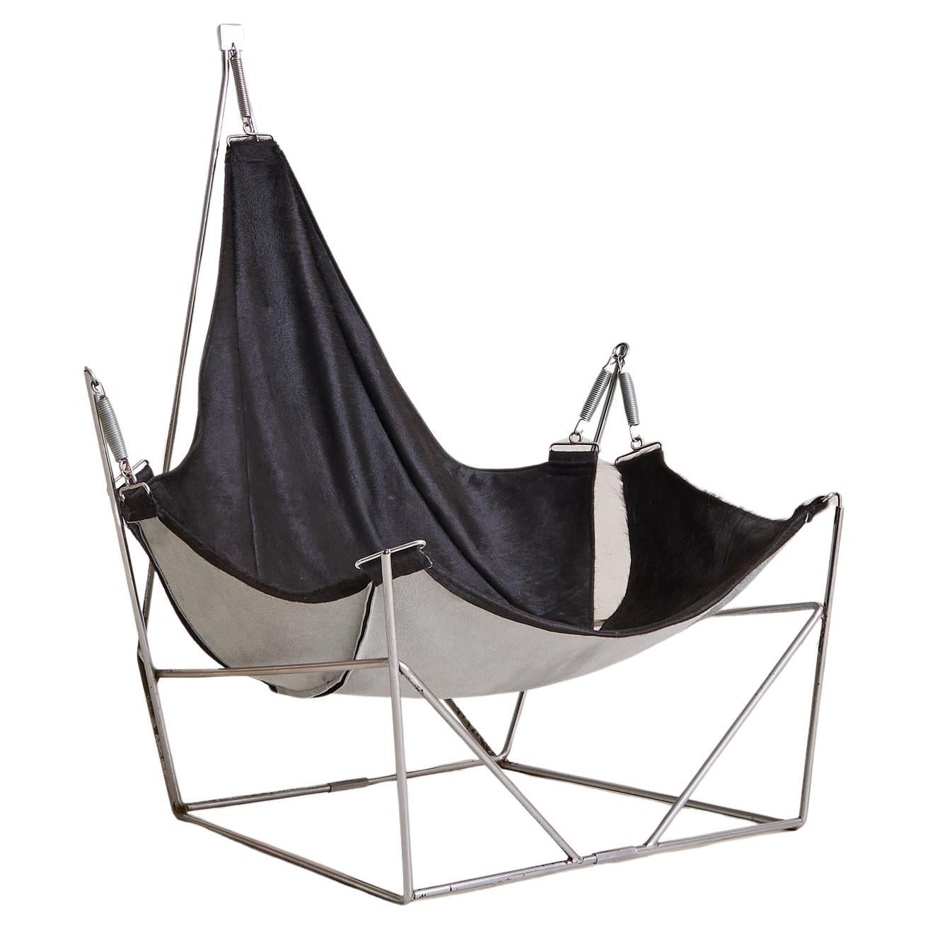 French ‘David’ Black Cowside Sling Chair by Odile Mir for Prisunic, 1972