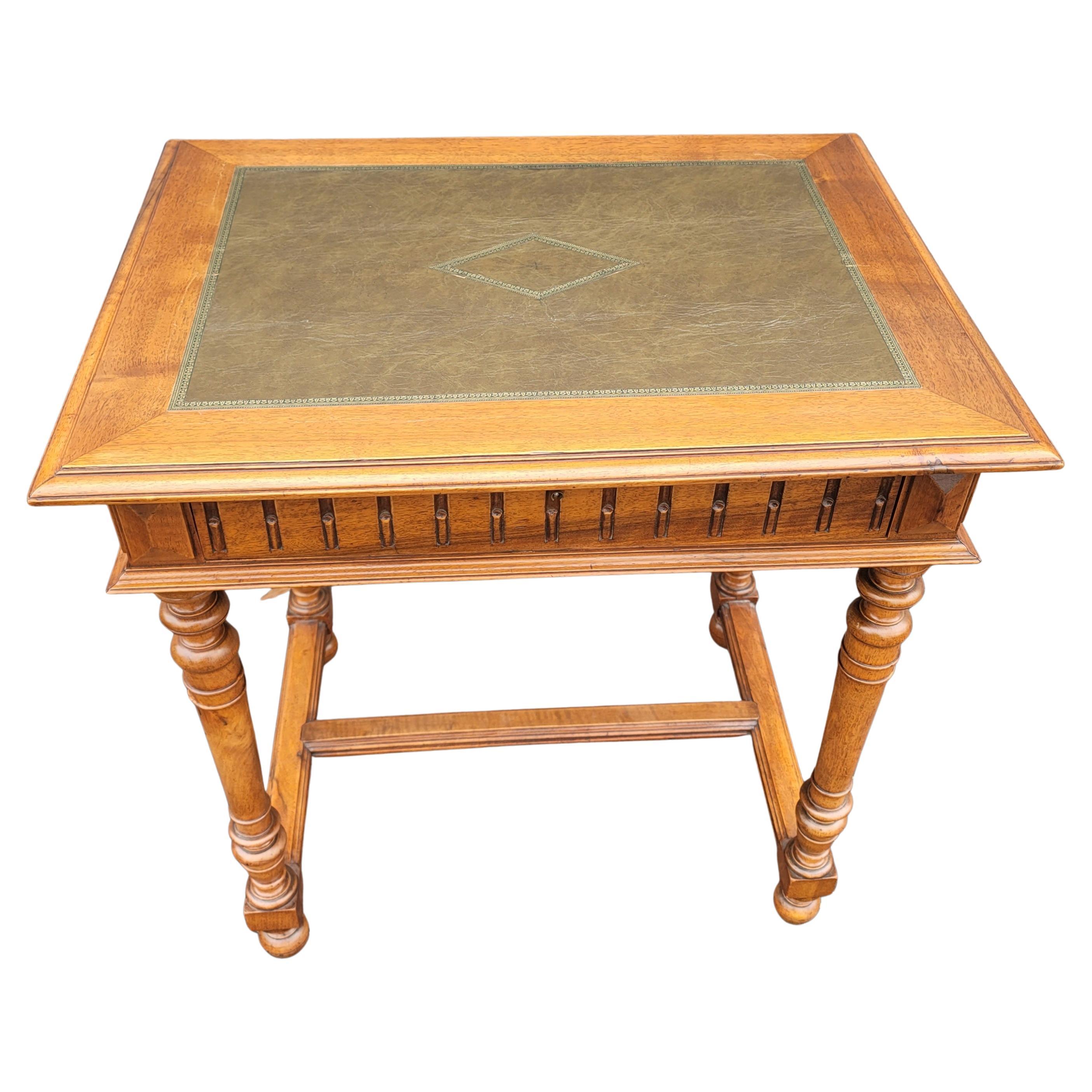 French Debournais One Drawer Tooled Leather Top Desk Table with Lock and Key For Sale 4