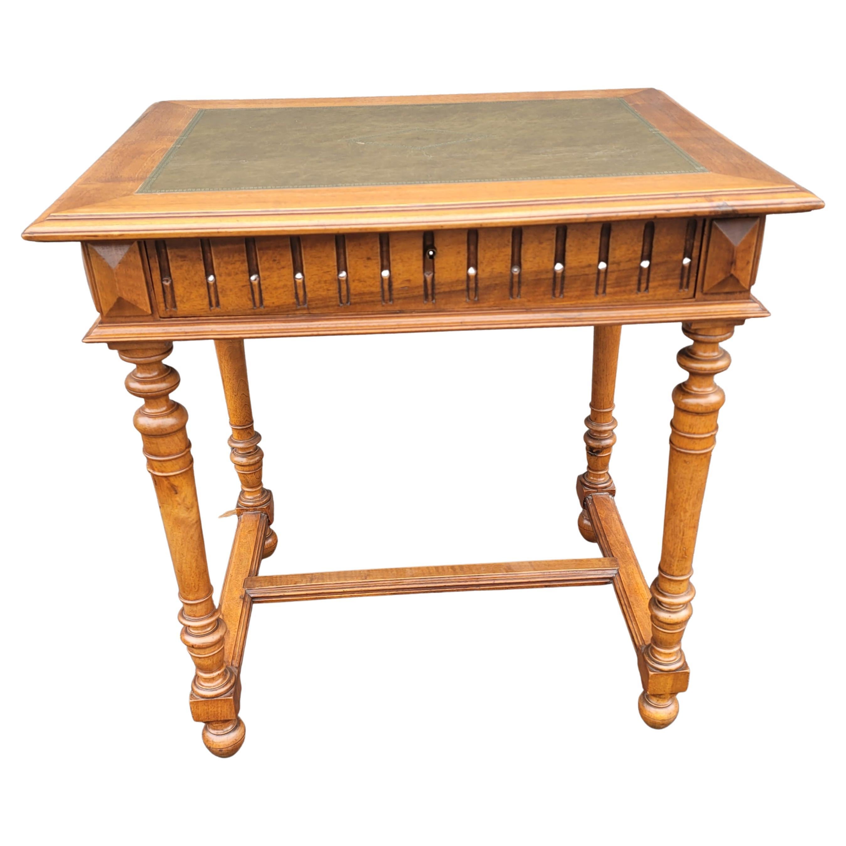 French Debournais One Drawer Tooled Leather Top Desk Table with Lock and Key For Sale 5