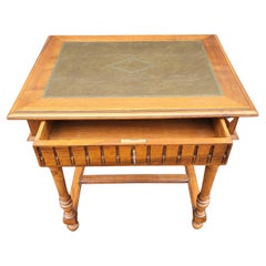 French Debournais One Drawer Tooled Leather Top Desk Table with Lock and Key