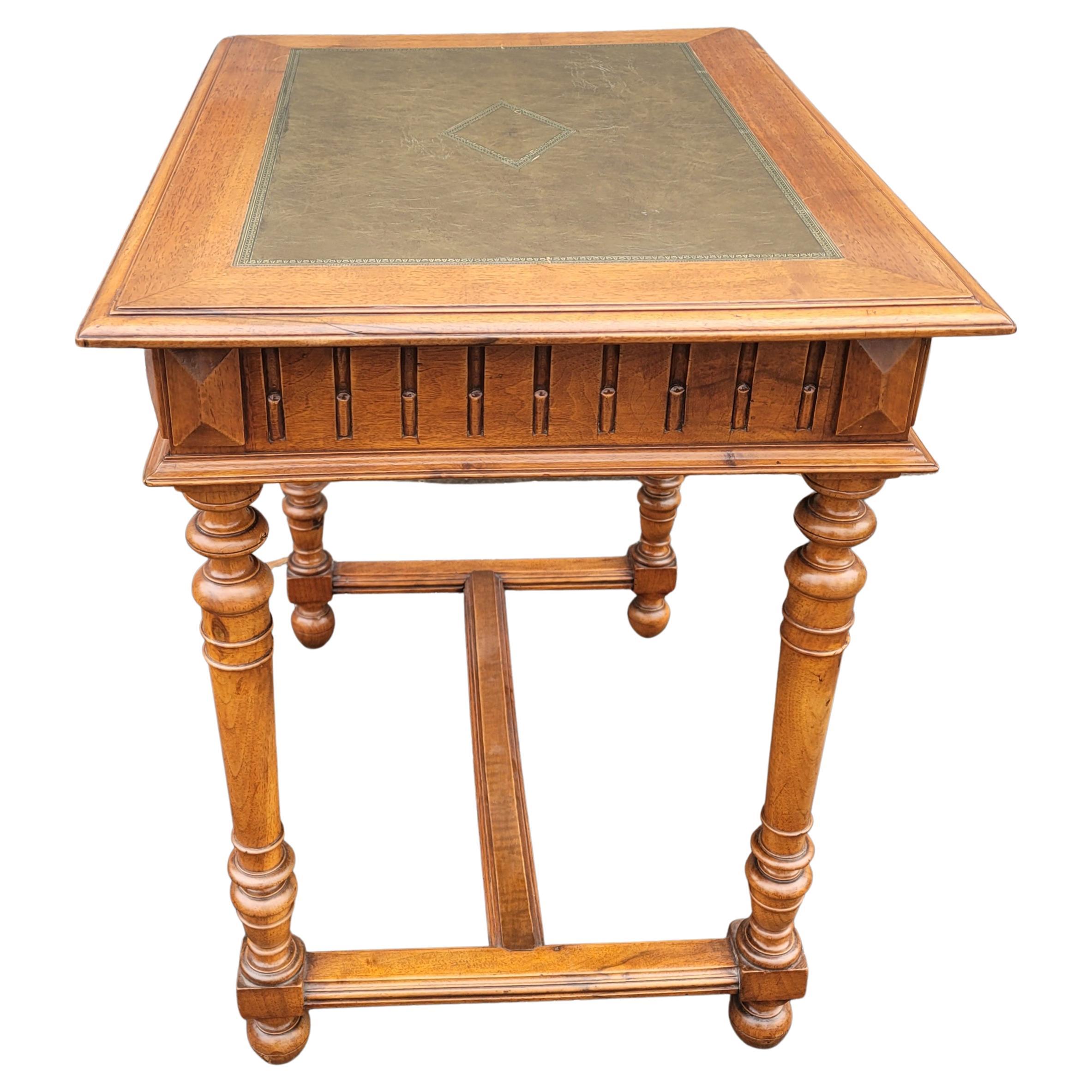Hand-Crafted French Debournais One Drawer Tooled Leather Top Desk Table with Lock and Key For Sale