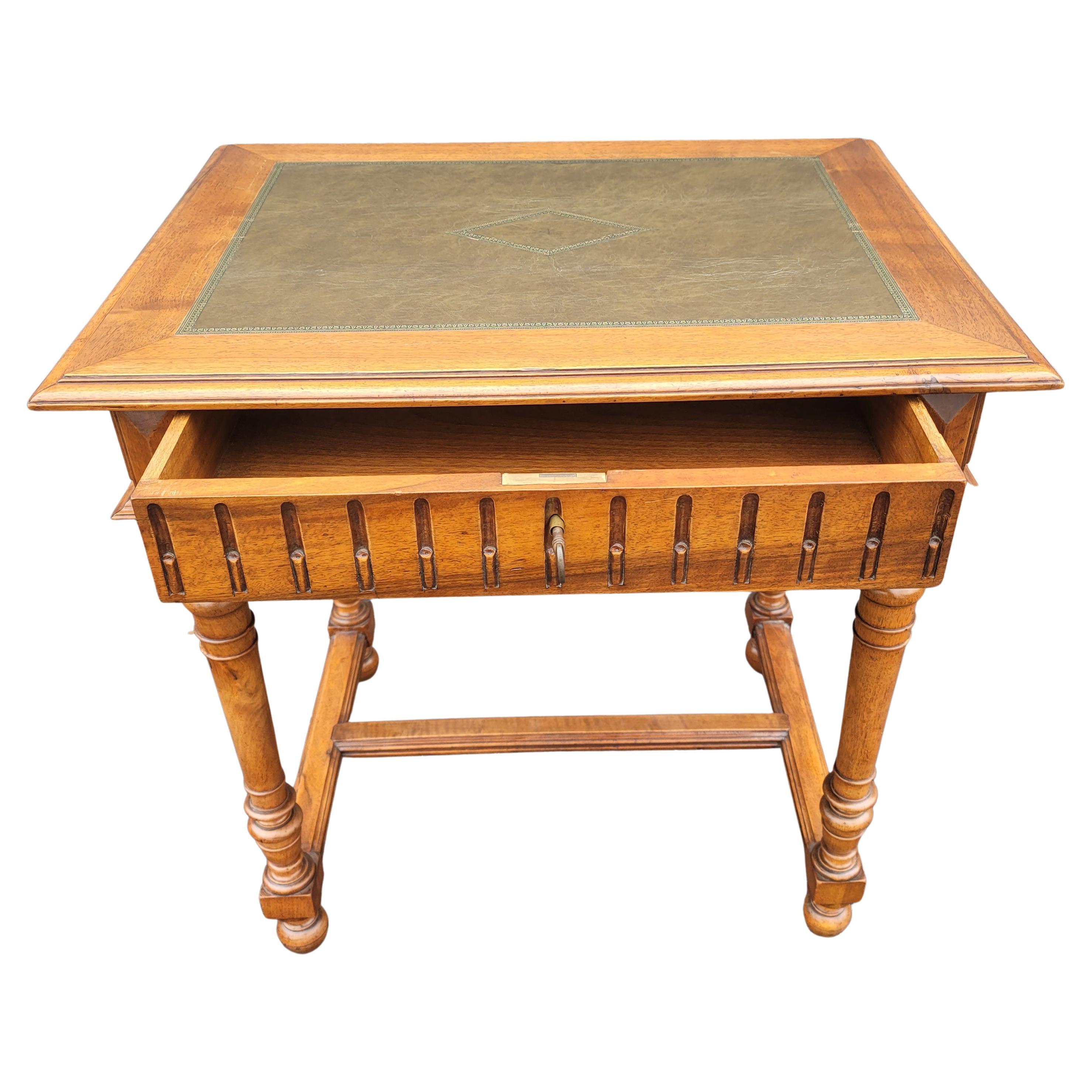 French Debournais One Drawer Tooled Leather Top Desk Table with Lock and Key In Good Condition For Sale In Germantown, MD
