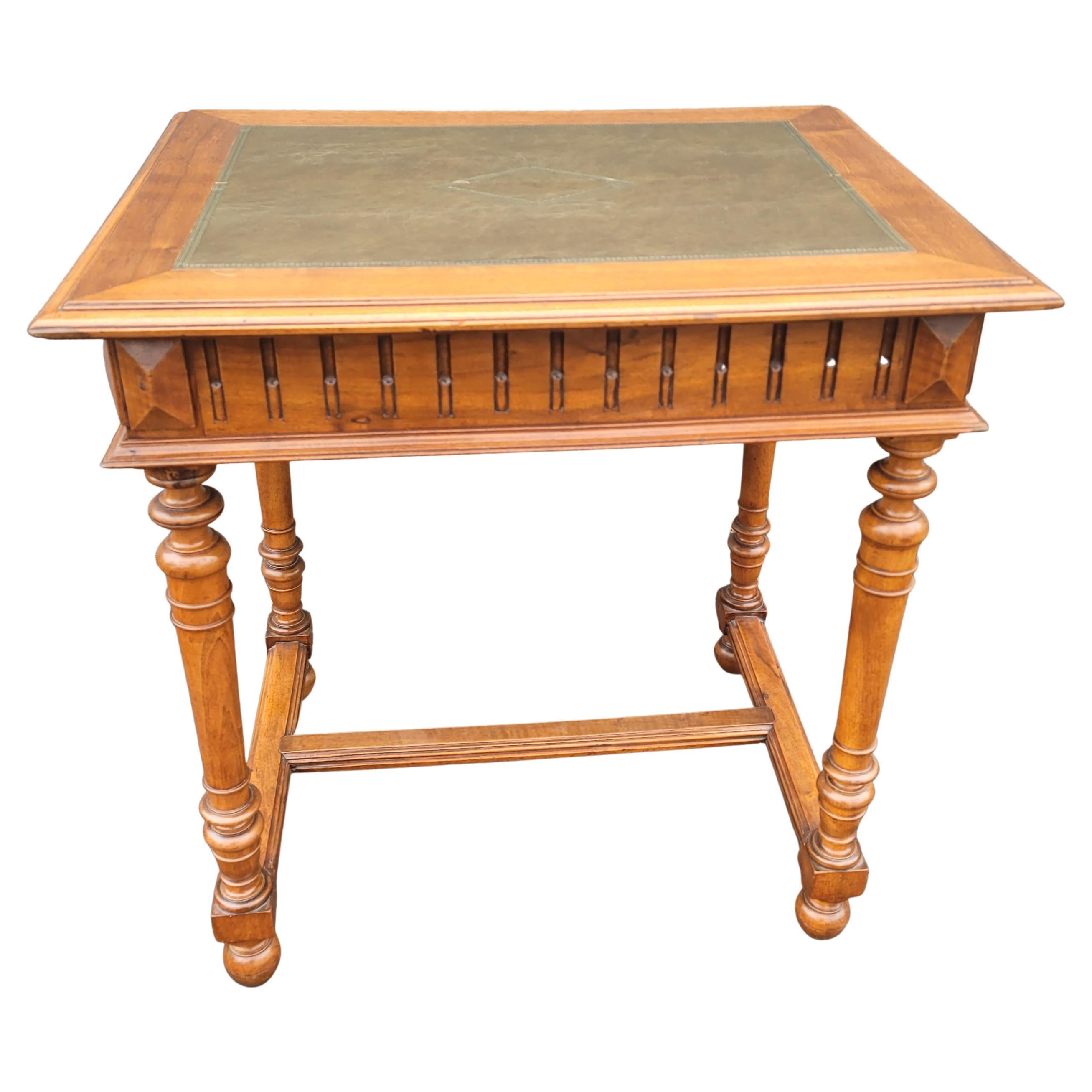 French Debournais One Drawer Tooled Leather Top Desk Table with Lock and Key For Sale 1