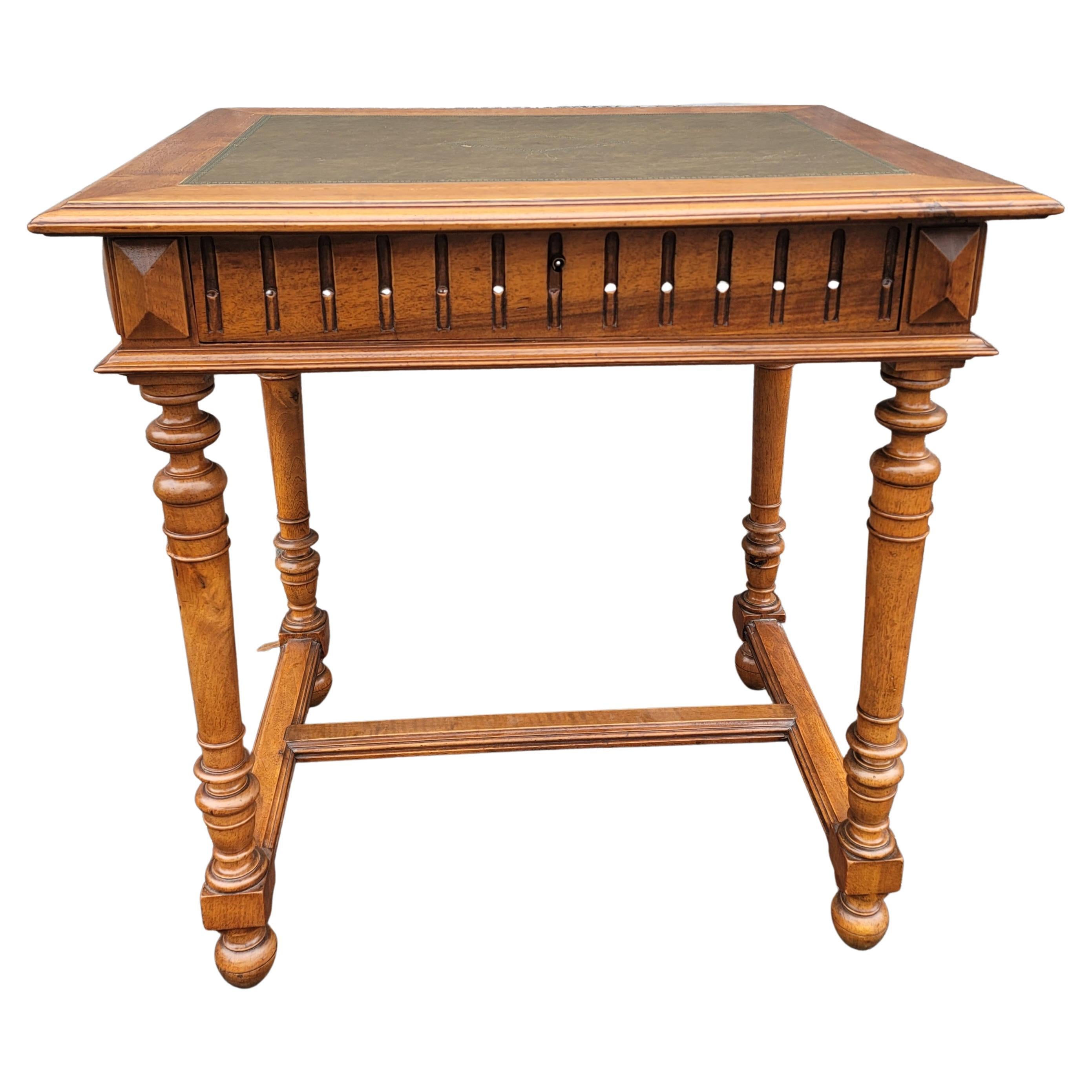 French Debournais One Drawer Tooled Leather Top Desk Table with Lock and Key For Sale 3