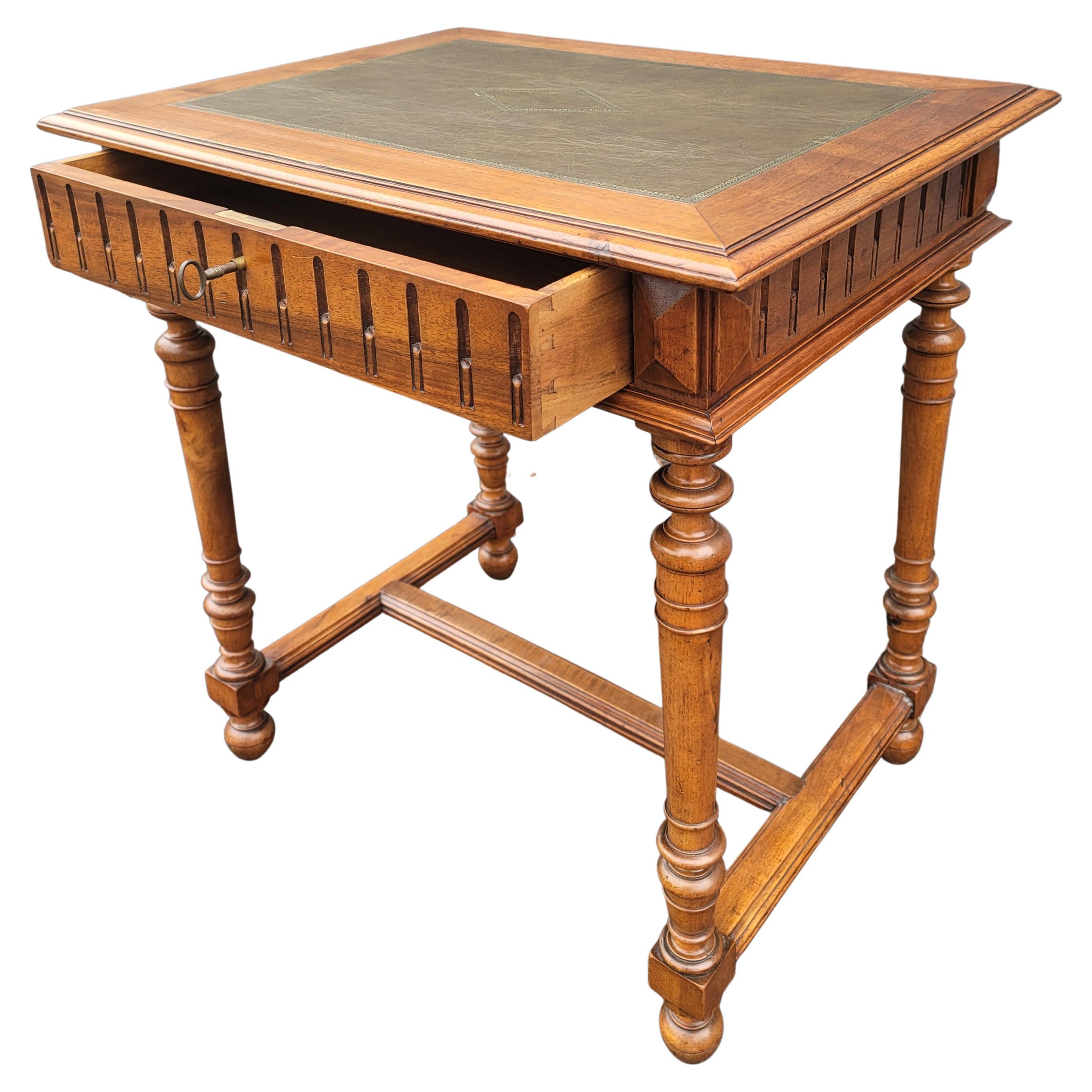 French Debournais One Drawer Tooled Leather Top Desk Table with Lock and Key For Sale