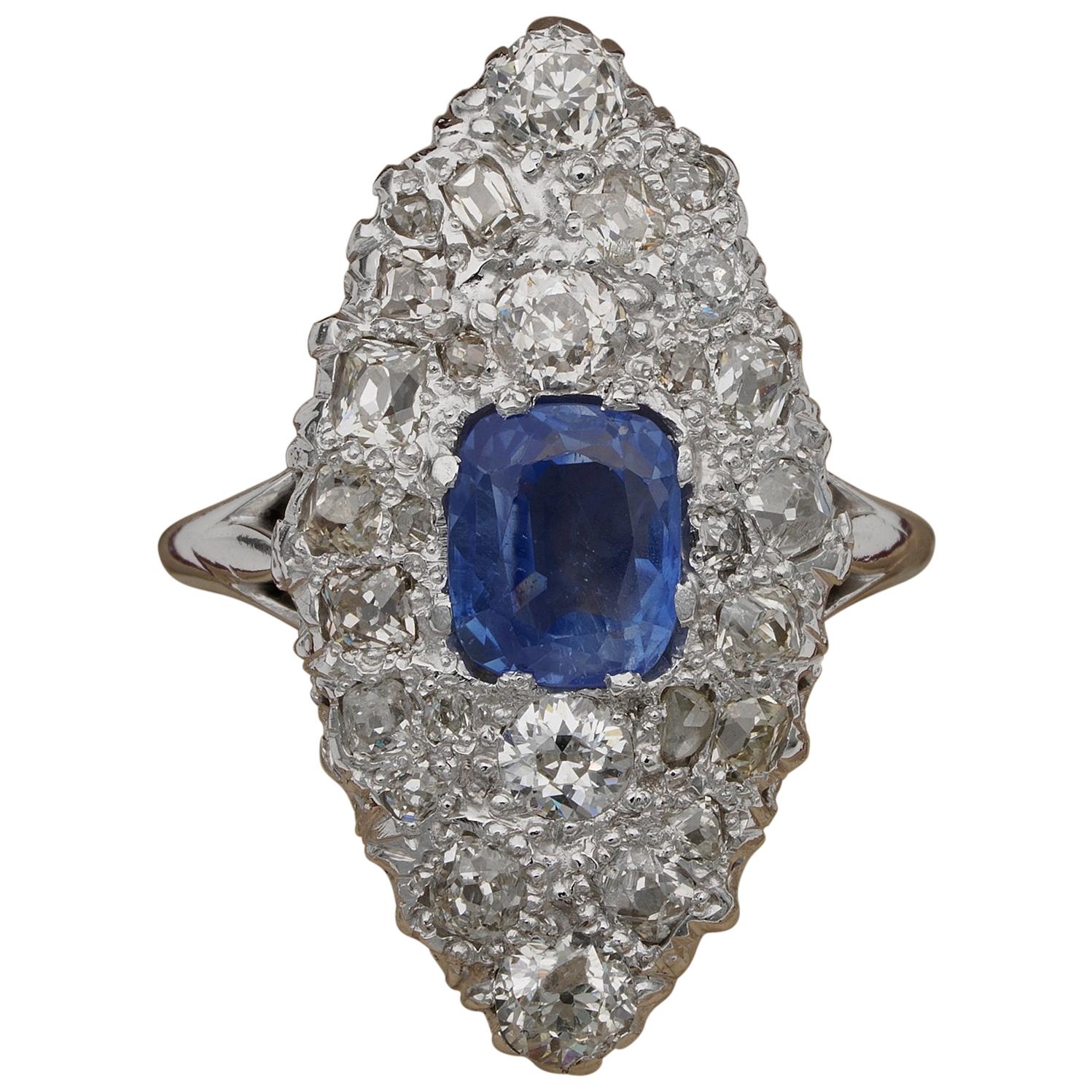 French Deco 1.70 Ct Natural No Heat Sapphire 2.20 Carat Old Cut Diamond Platinum For Sale