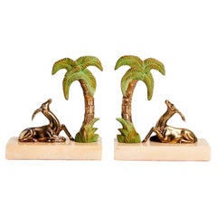 French Deco Antelope and Palm Tree Bookends