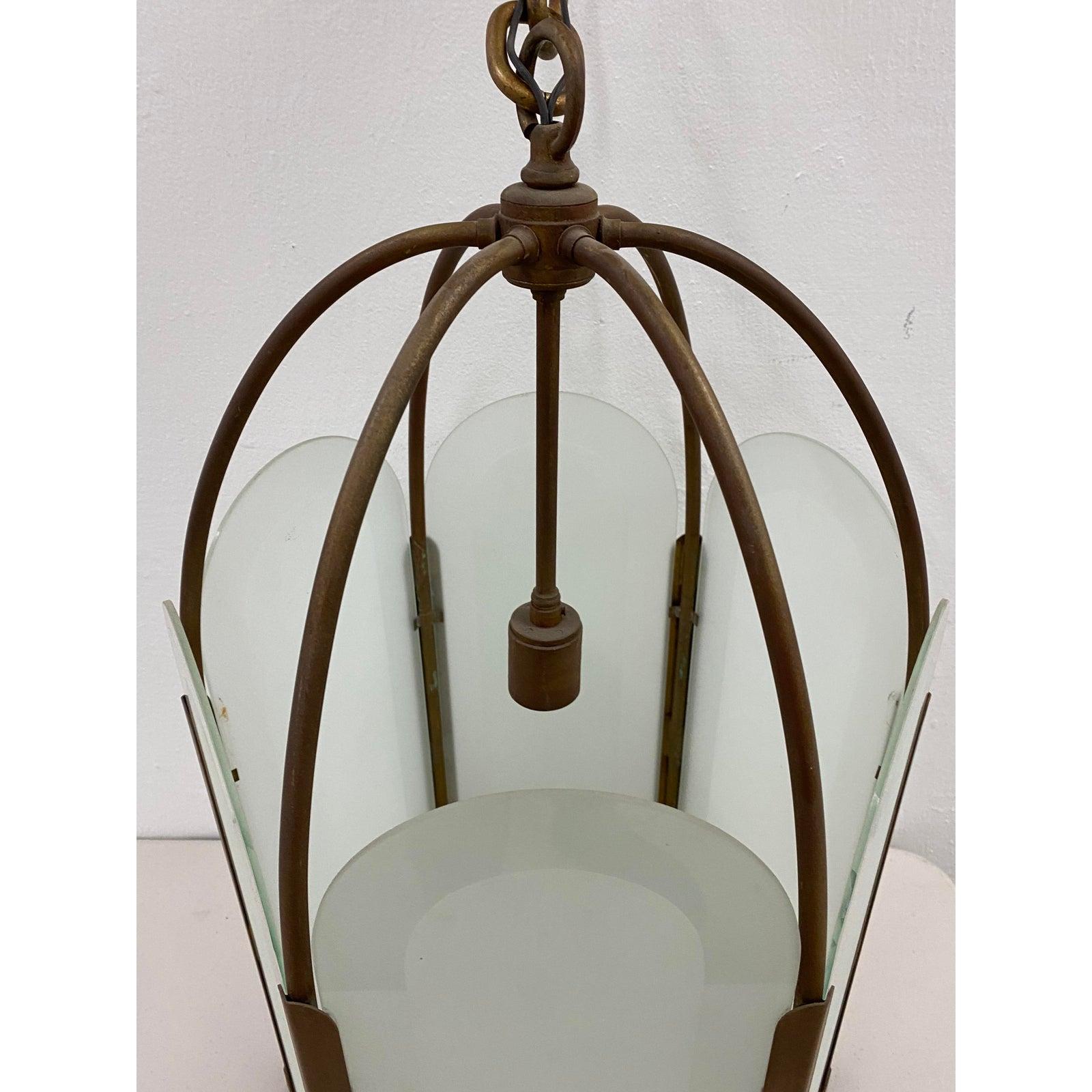 Art Deco French Deco Bronze & Frosted Glass Single Light Hexagon Pendant Chandelier For Sale