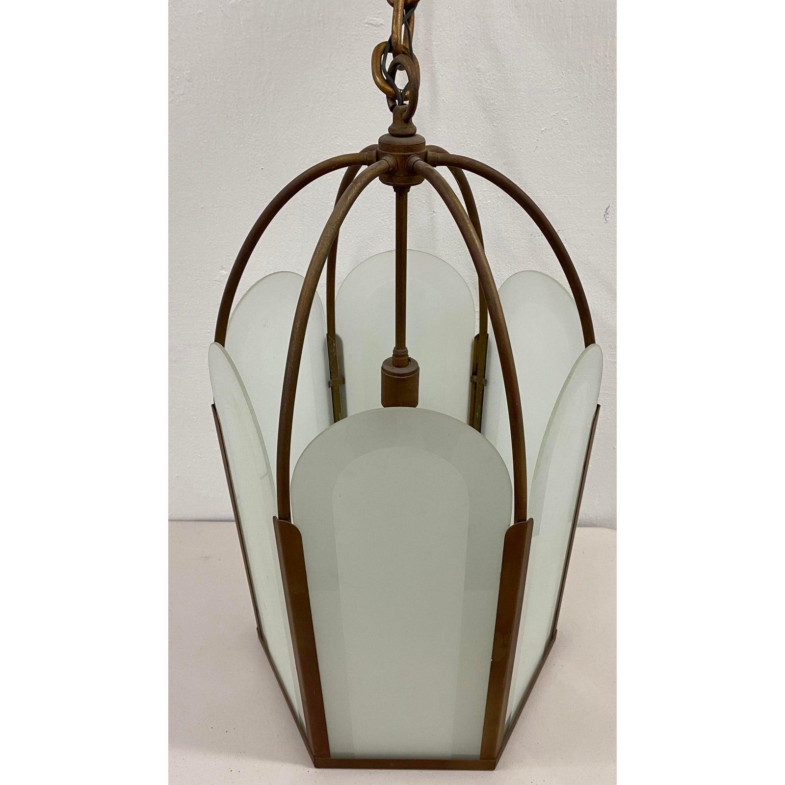 Hand-Crafted French Deco Bronze & Frosted Glass Single Light Hexagon Pendant Chandelier For Sale