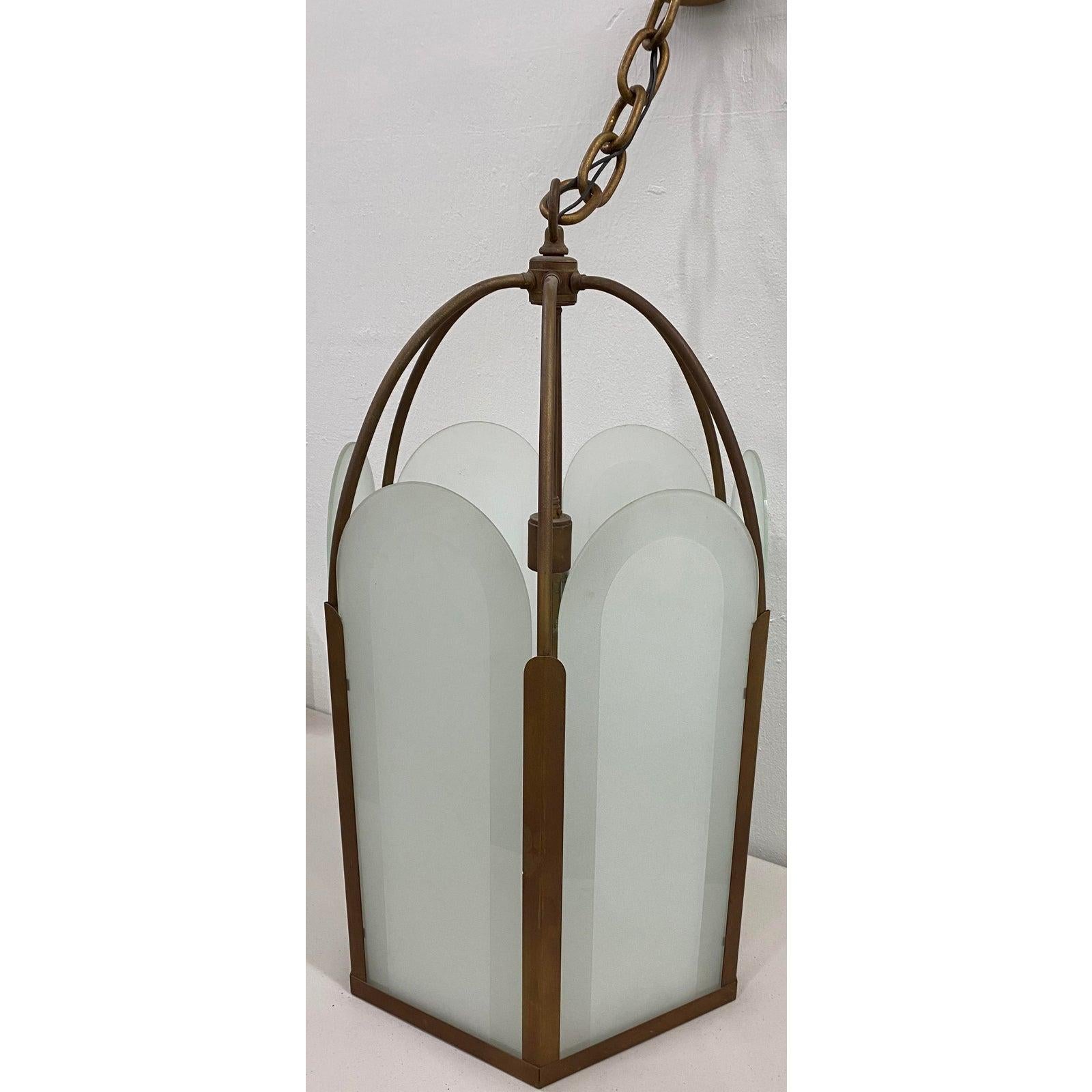 20th Century French Deco Bronze & Frosted Glass Single Light Hexagon Pendant Chandelier For Sale