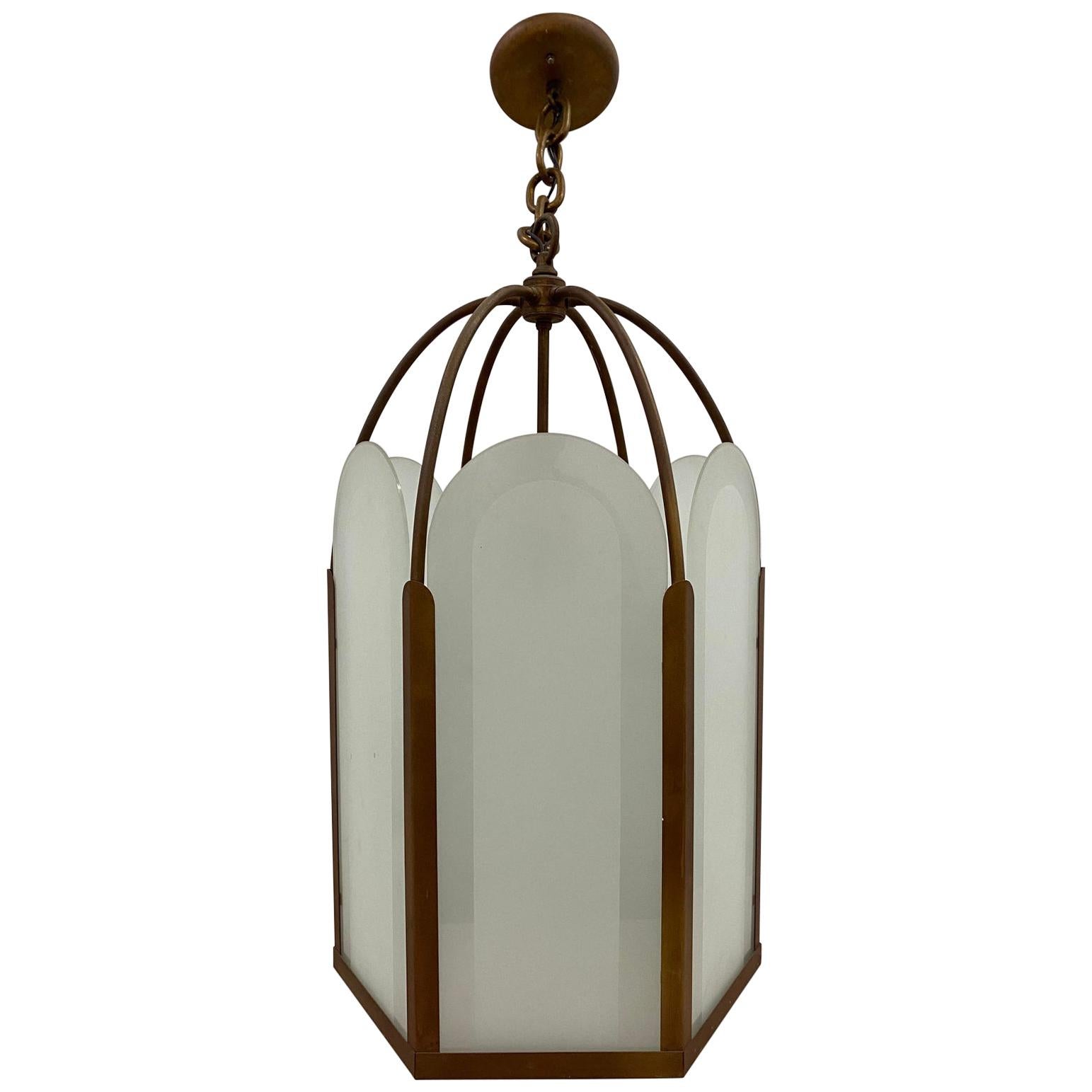 French Deco Bronze & Frosted Glass Single Light Hexagon Pendant Chandelier