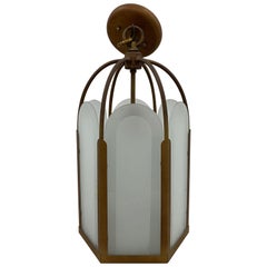 French Deco Bronze and Frosted Glass Single Light Hexagon Pendant Chandelier