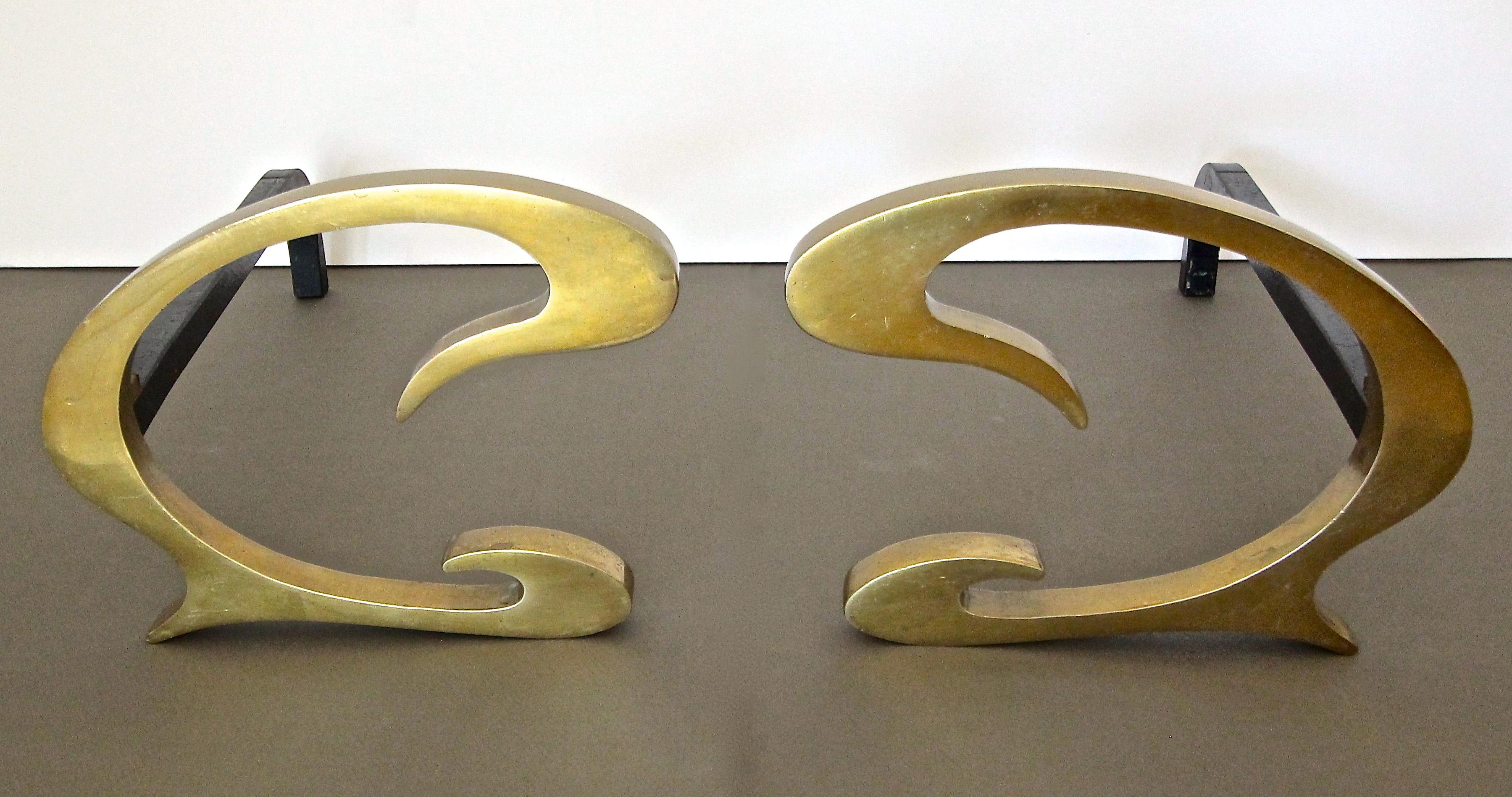 French Deco C-Scroll Brass Andirons  In Good Condition For Sale In Palm Springs, CA
