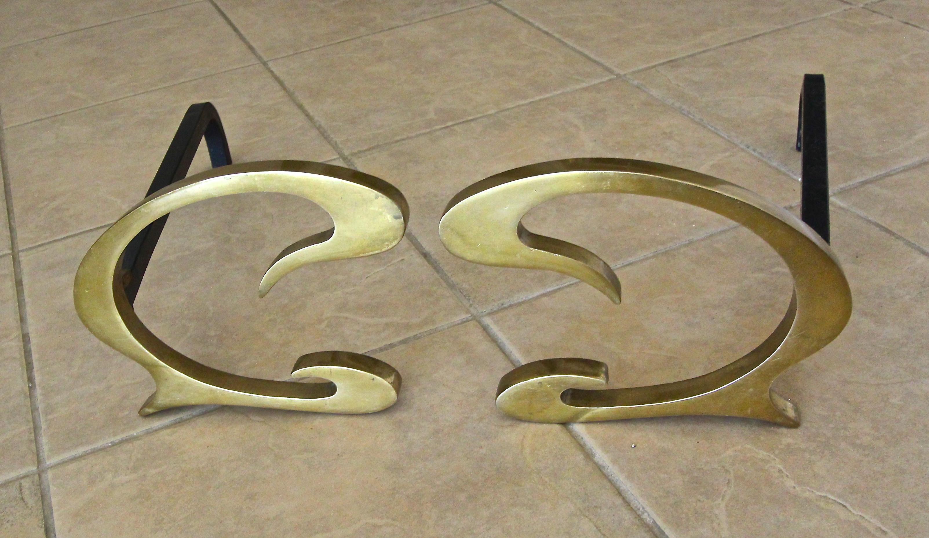 French Deco C-Scroll Brass Andirons  For Sale 1