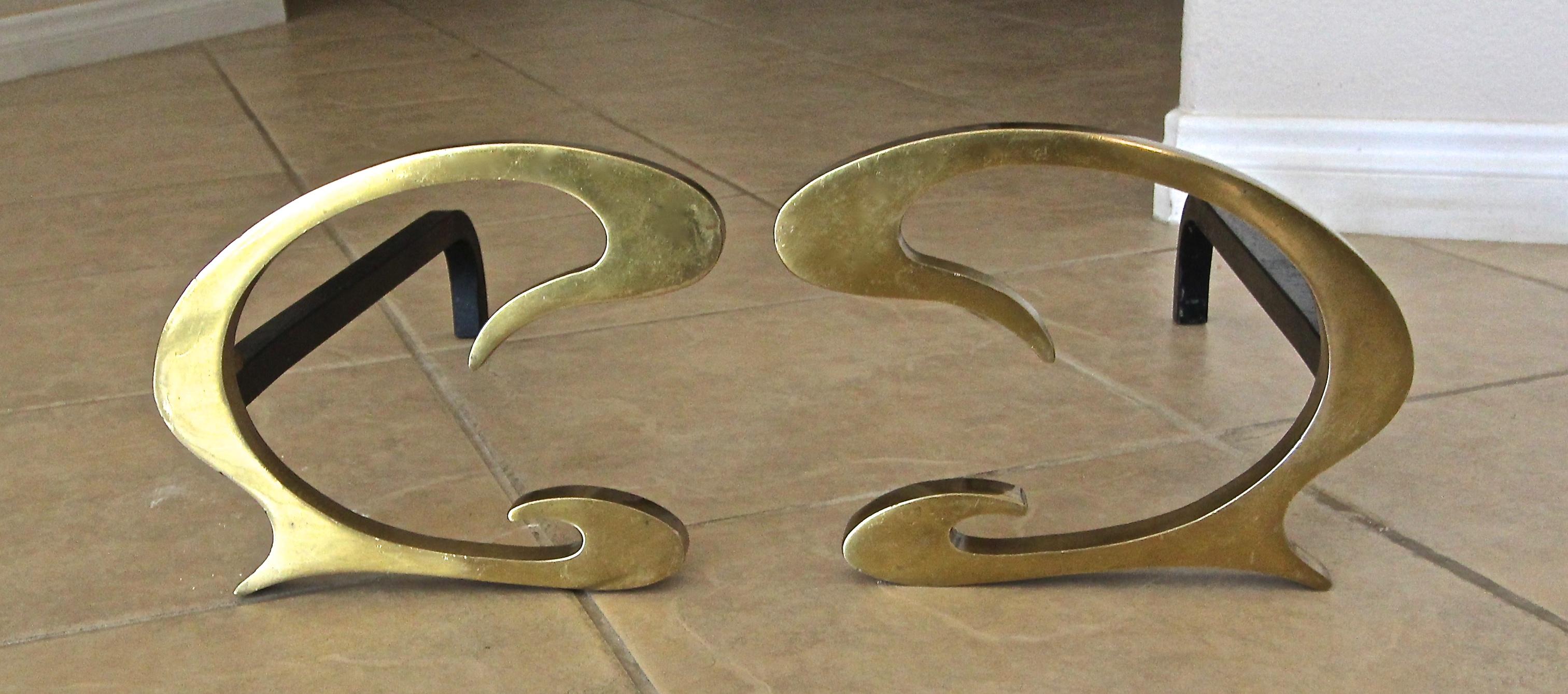 French Deco C-Scroll Brass Andirons  For Sale 2