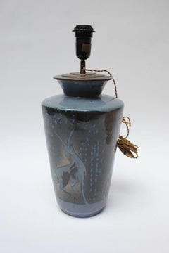 French Deco Ceramic Blue Glaze"Deer in Landscape" Lamp by Atelier Primavera
