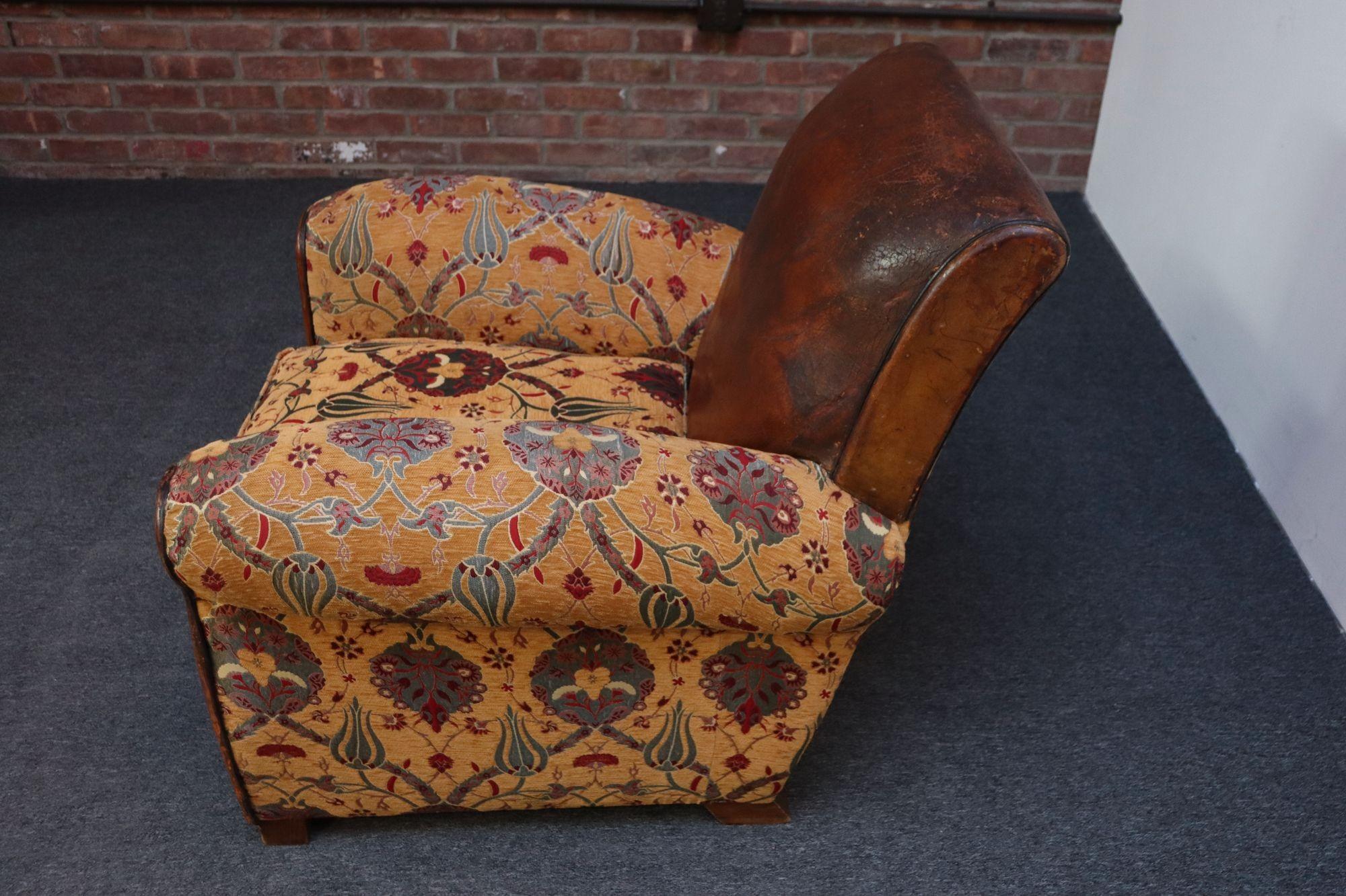 Art Deco French Deco Club Chair in Leather and Anatolian Turkish Kilim Upholstery For Sale