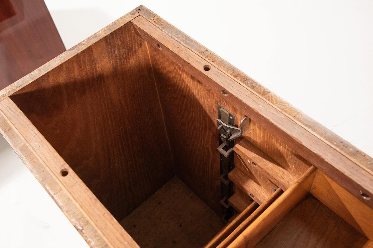 Large French Deco desk of excellent quality made of walnut feather in the upper part.
The desk has 20 drawers with glass handles. The locks and keys are original from the Deco period.

A conservative restoration has been carried out although the