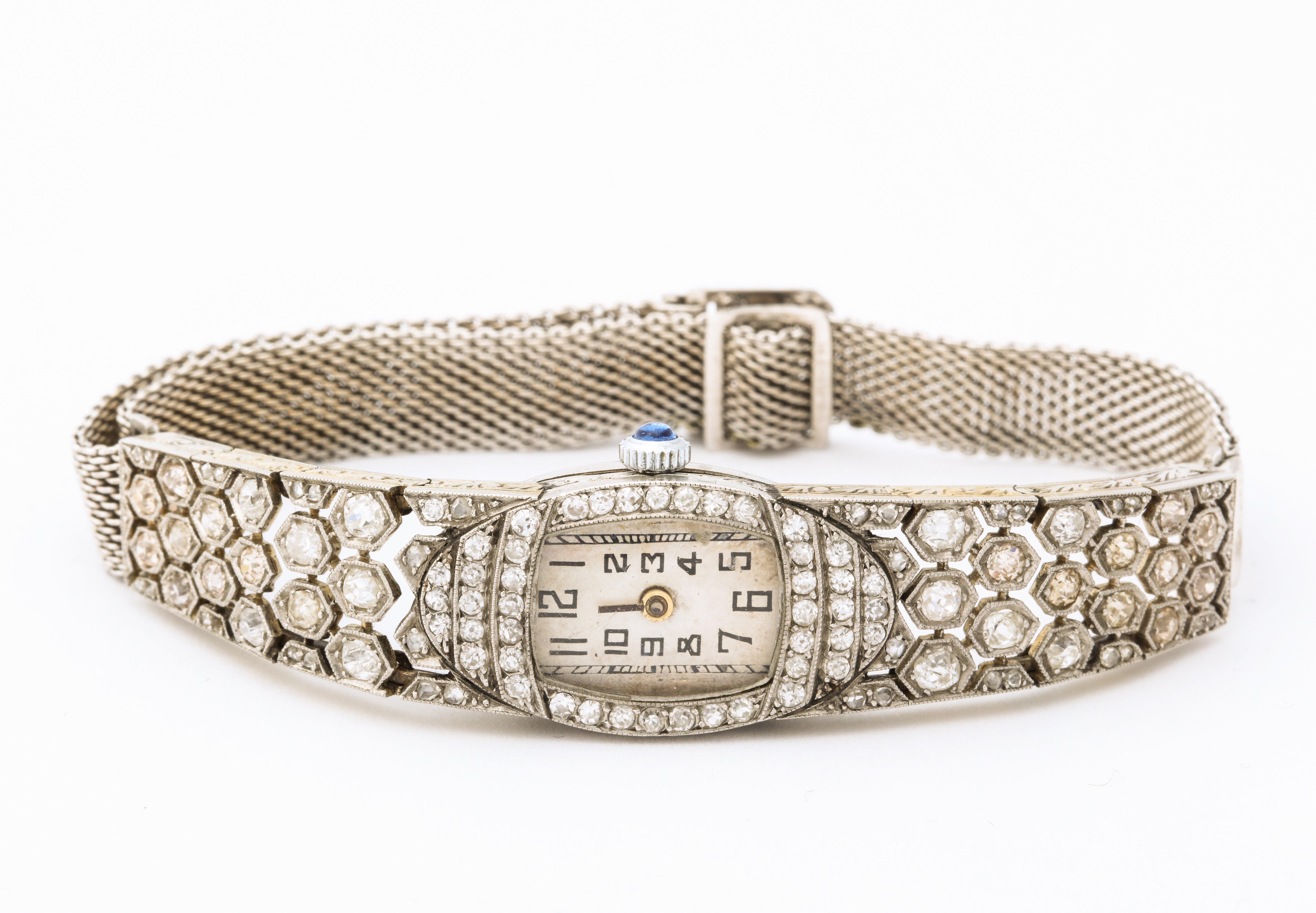 French Deco Diamond Honeycomb Design Platinum Watch For Sale 1