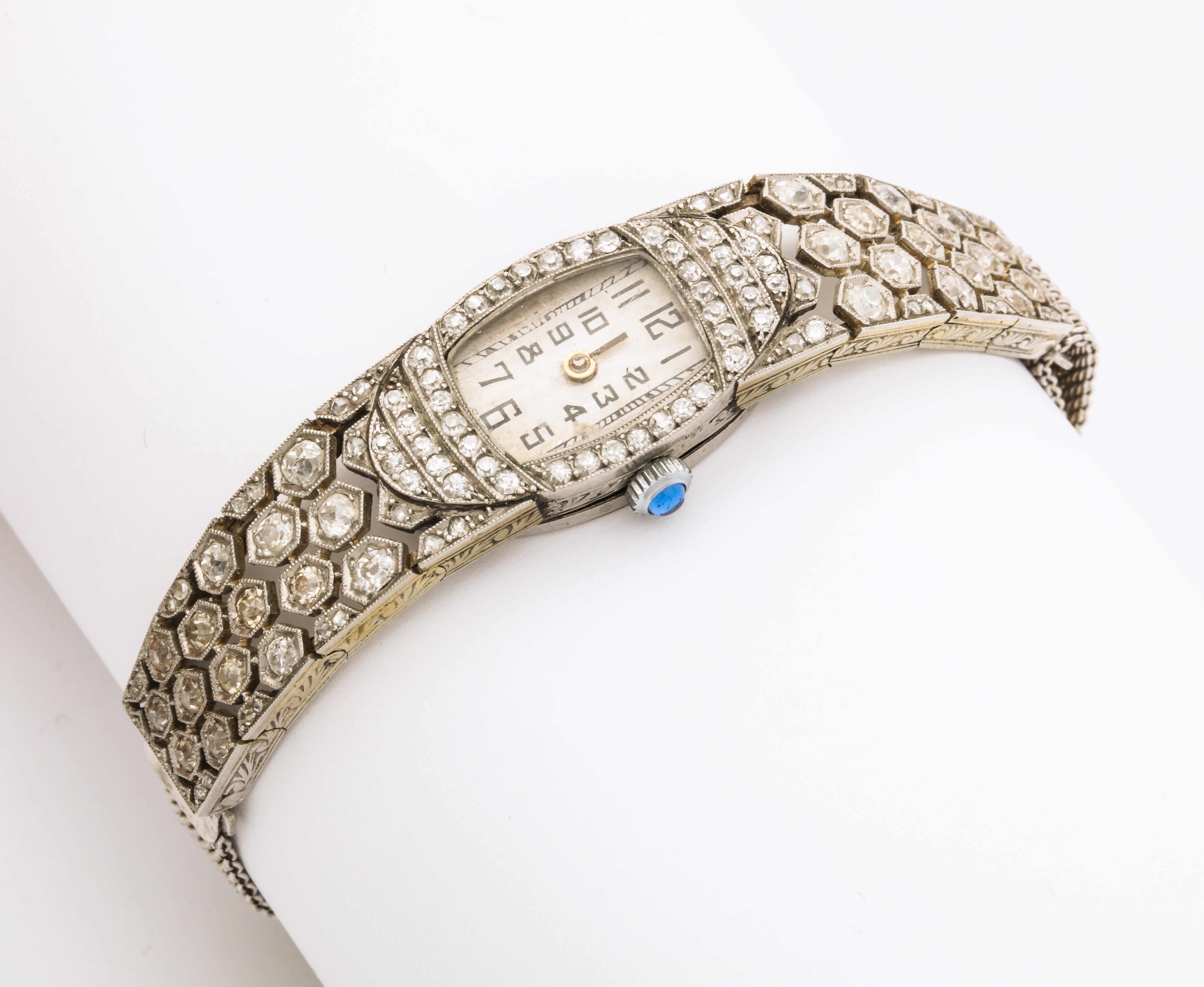 French Deco Diamond Honeycomb Design Platinum Watch For Sale 2