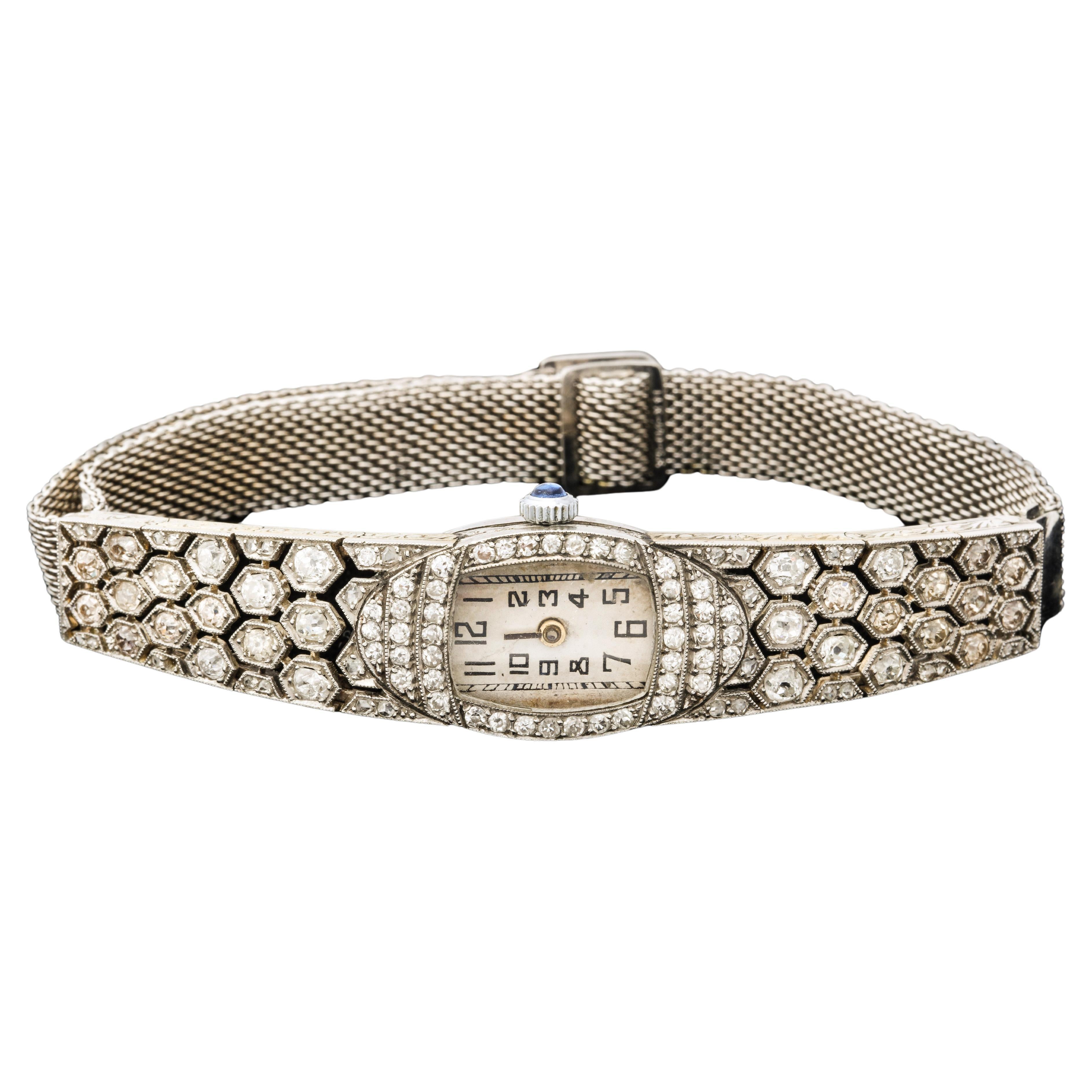 French Deco Diamond Honeycomb Design Platinum Watch For Sale