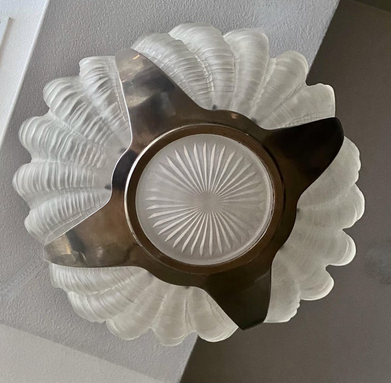 French Deco Frosted Glass Clamshell Chandelier Pendant Light For Sale