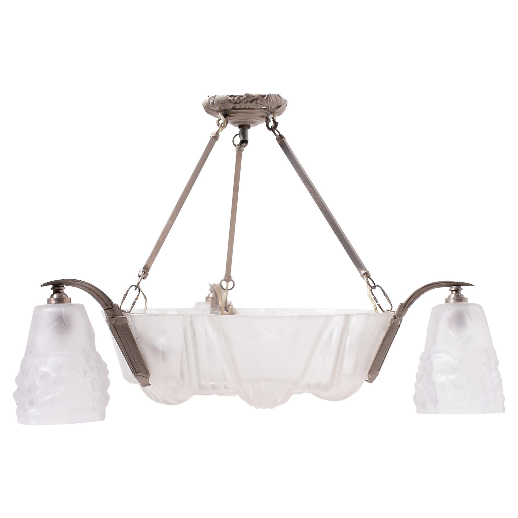 French Deco Frosted Glass Three Light Chandelier, circa 1930 For Sale