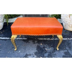 French Deco Gilt-Wood Palm Leaf Orange Leather Bench by Randy Esada Designs