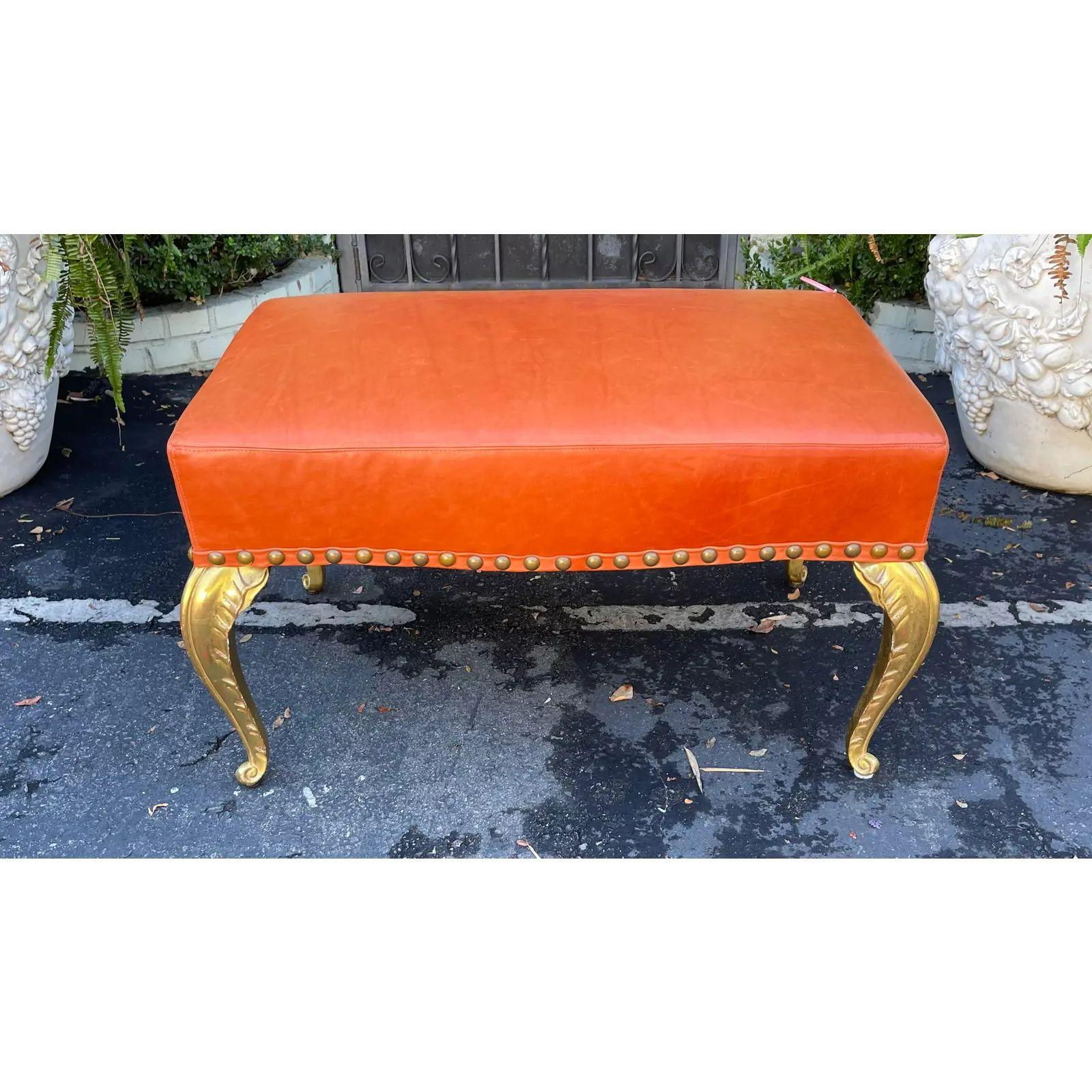 Art Deco French Deco Gilt-Wood Palm Leaf Orange Leather Bench by Randy Esada Designs For Sale