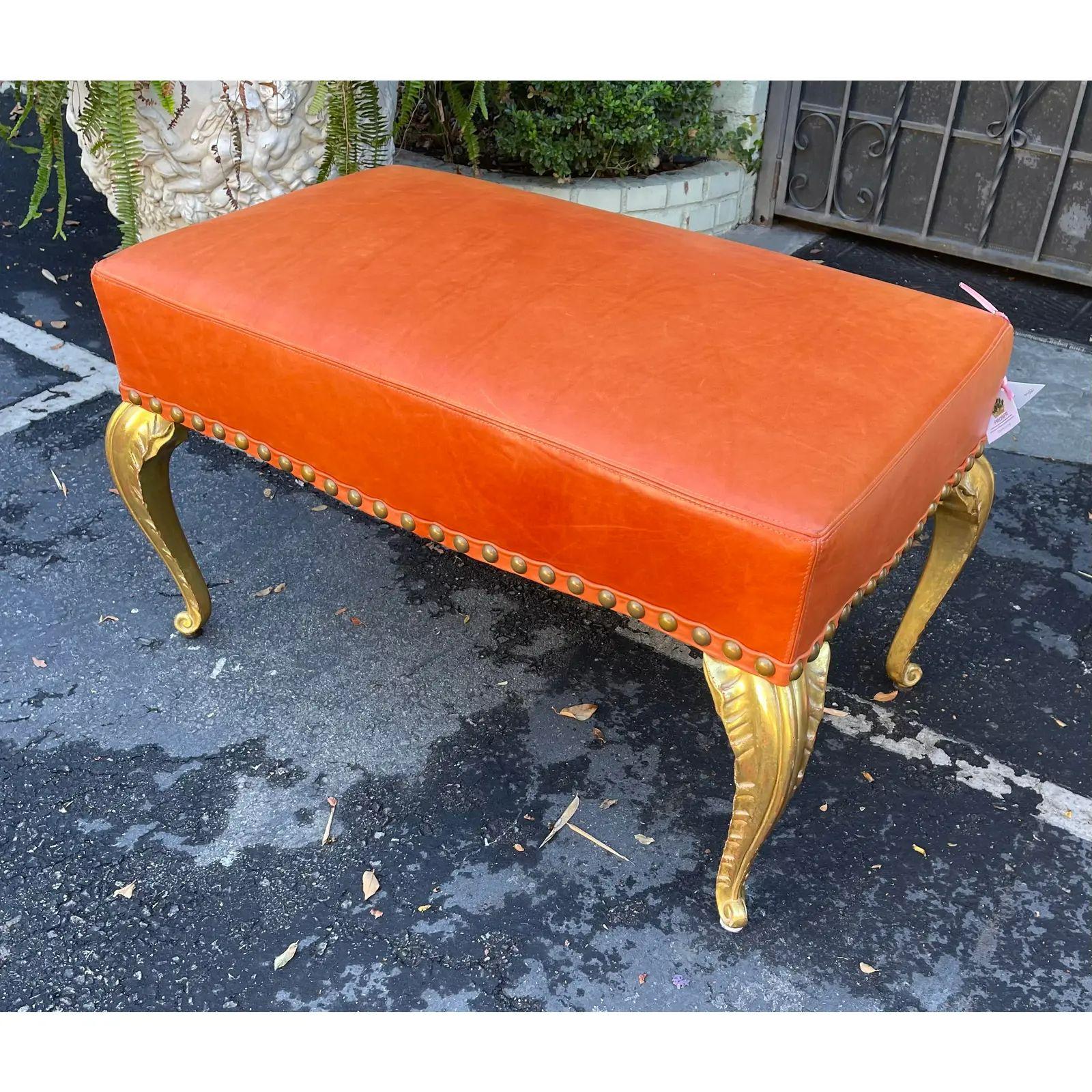 French Deco Gilt-Wood Palm Leaf Orange Leather Bench by Randy Esada Designs In Good Condition For Sale In LOS ANGELES, CA